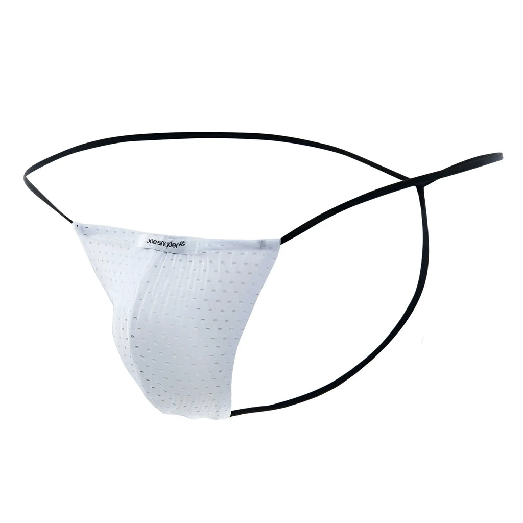White perforated mesh thong with black elastic straps and joesnyder label from joe snyder g-string holes collection
