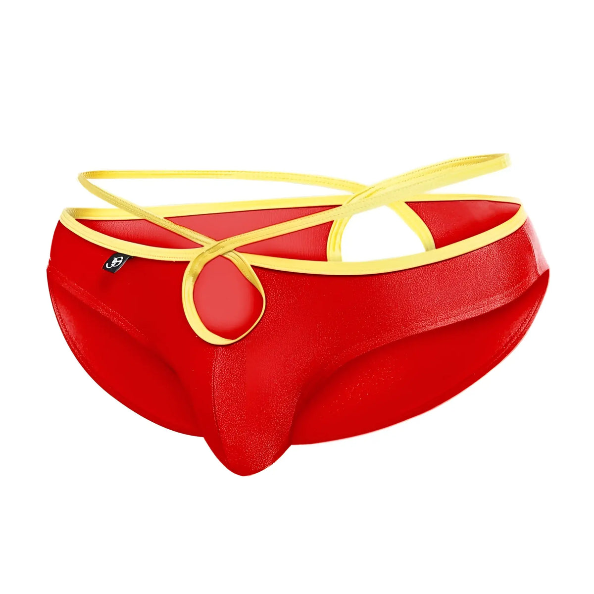 Joe snyder holes bikini menâ€™s briefs in red and gold shiny stretchy fabric with crisscross yellow elastic straps