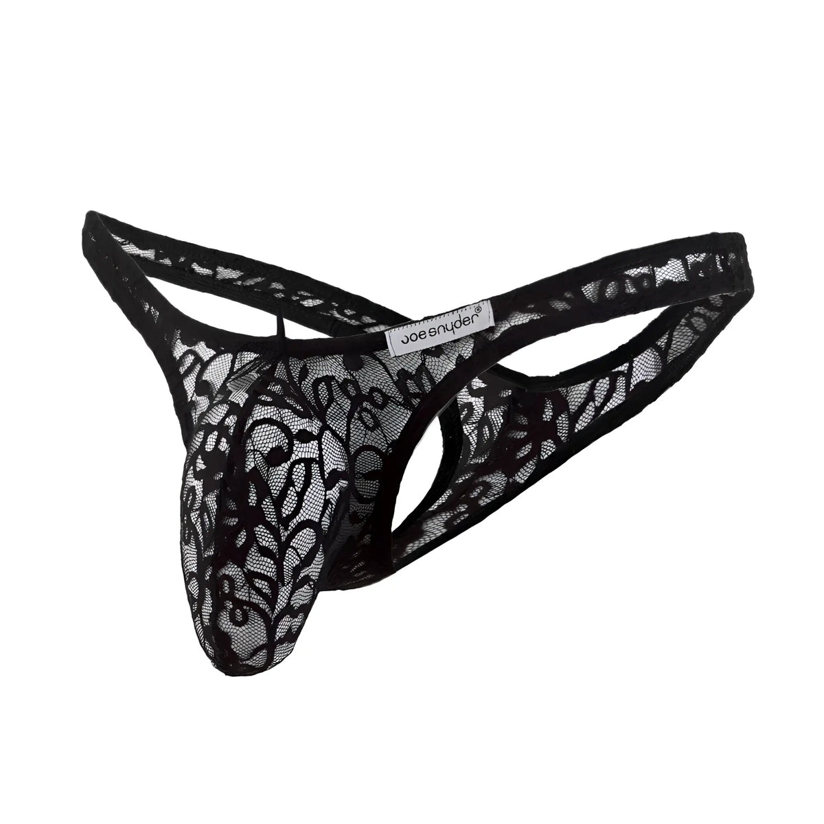 Black lace joe snyder maxi bulge thong with intricate floral patterns and branded label on front side