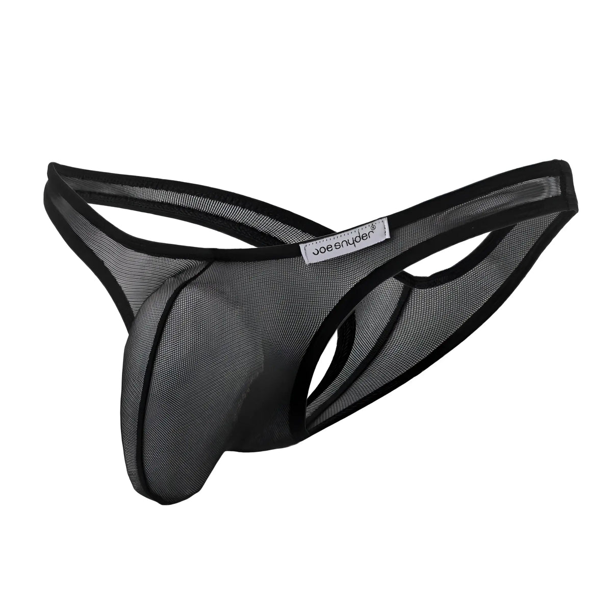 Black mesh joe snyder maxi bulge thong with black trim and branded label shown from front view