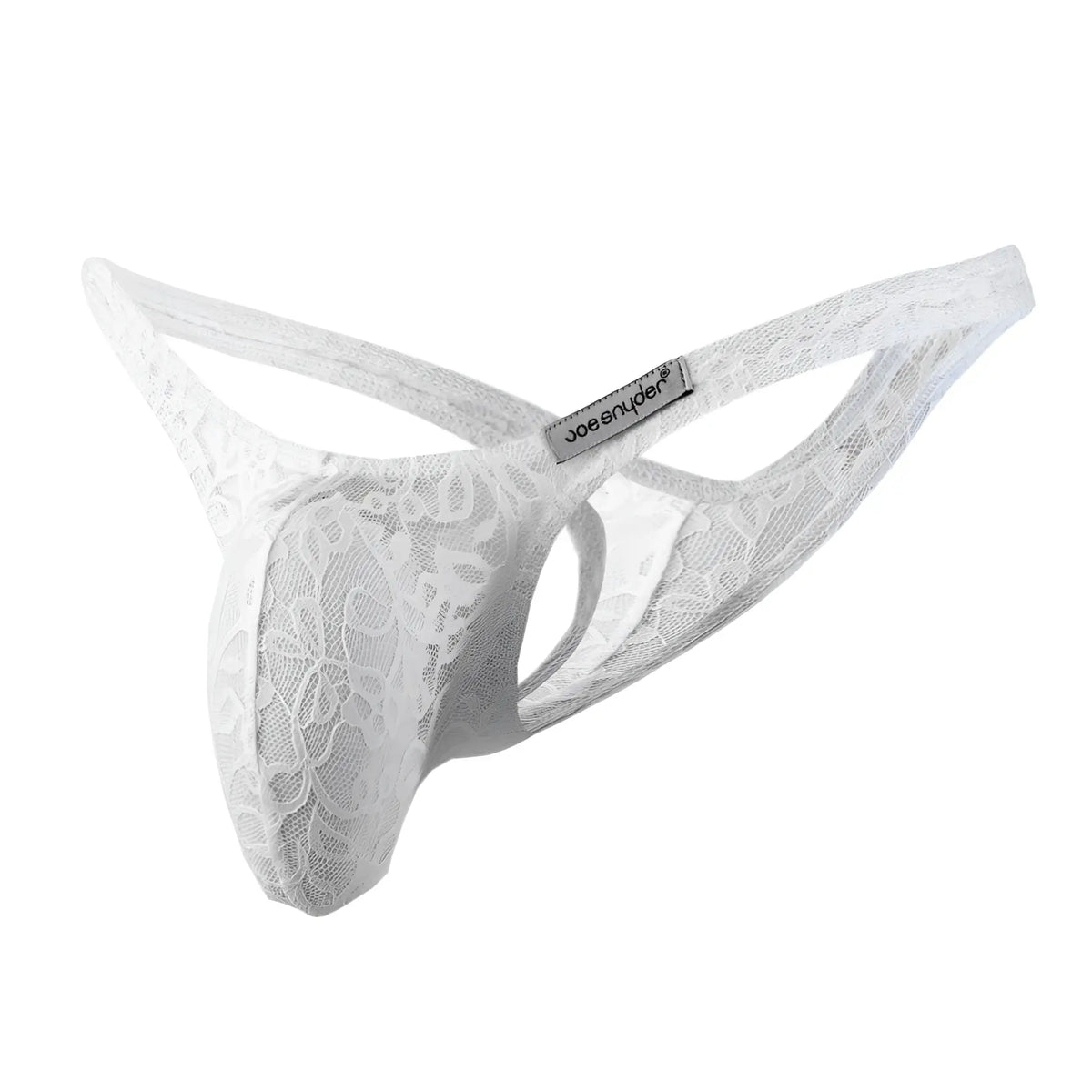 White lace floral patterned thong with joe snyder brand tag from the joe snyder maxi bulge thong collection