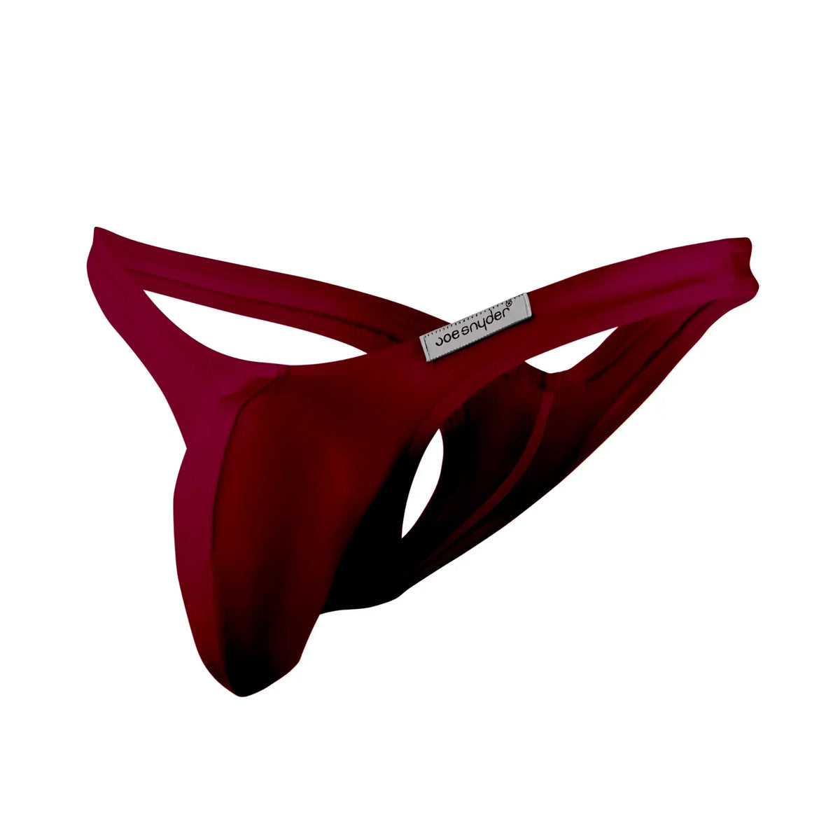 Deep red satin thong with sleek contoured design and joe snyder brand label for comfortable wear