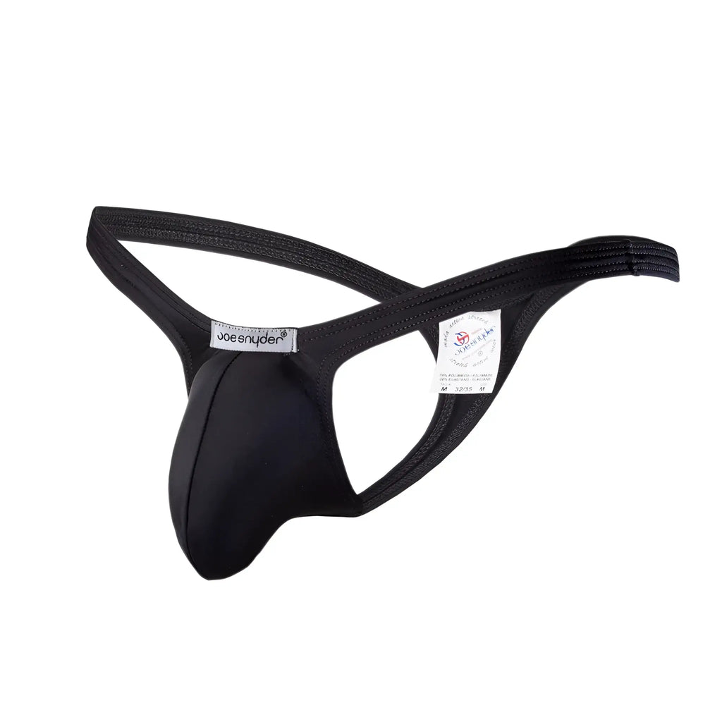 Black joe snyder polyester bulge tanga thong in black smooth stretchy fabric with supportive contoured design