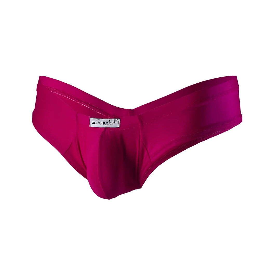 Fuchsia satin polyester mini cheek briefs by joe synder showing the back side of the product