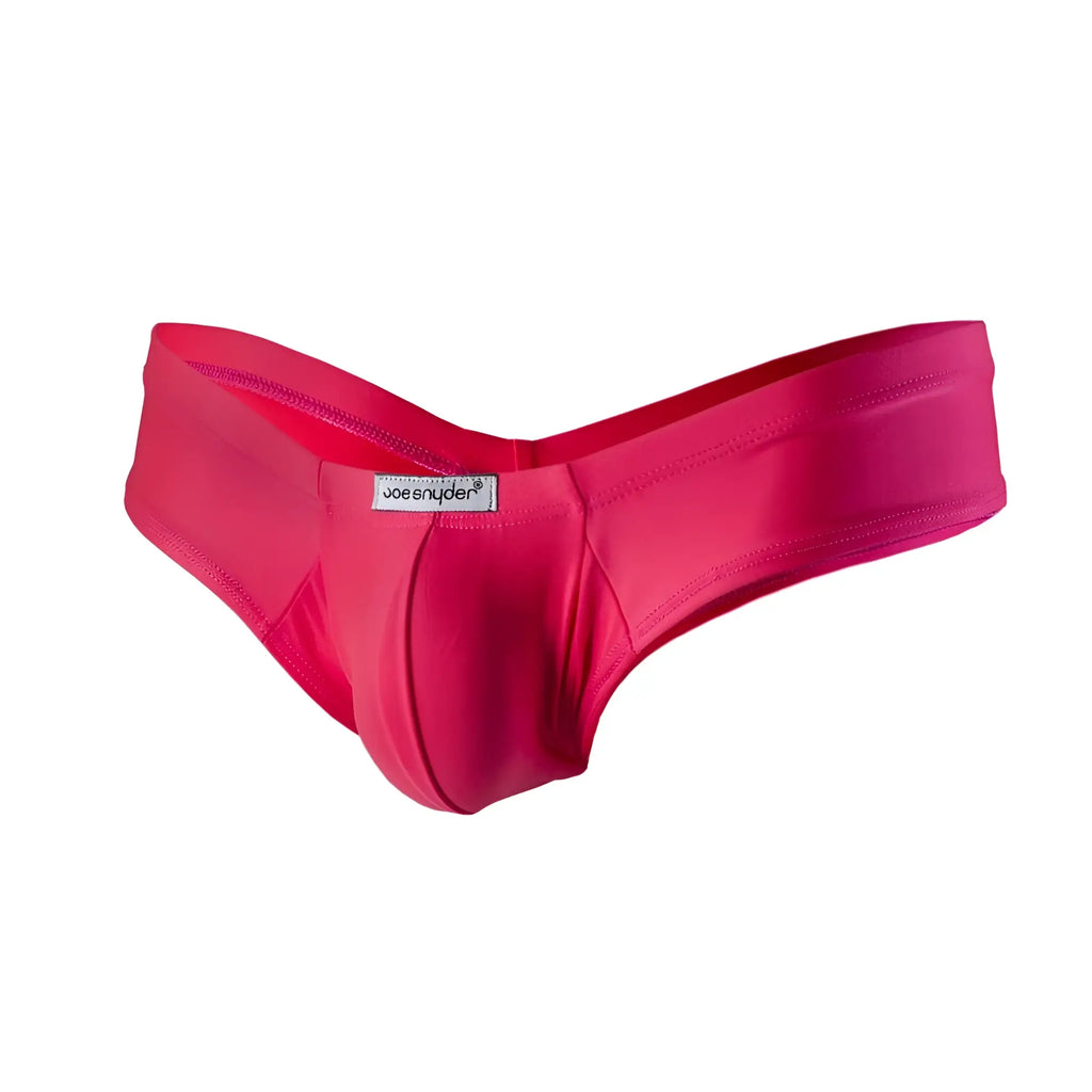Vibrant pink joe snyder polyester mini cheek menâ€™s briefs with smooth stretchy fabric and sleek contoured design