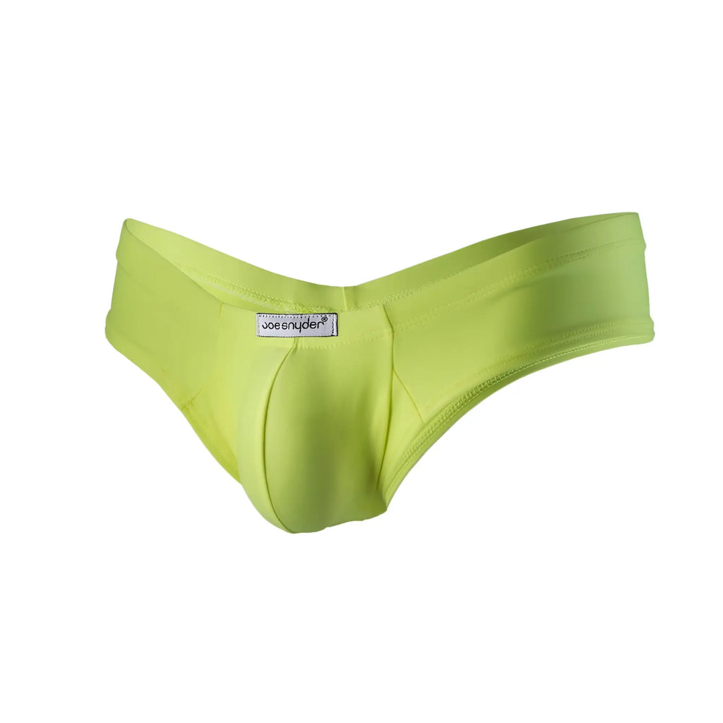 Bright lime green joe snyder polyester mini cheek menâ€™s briefs with smooth stretchy fabric and contoured design