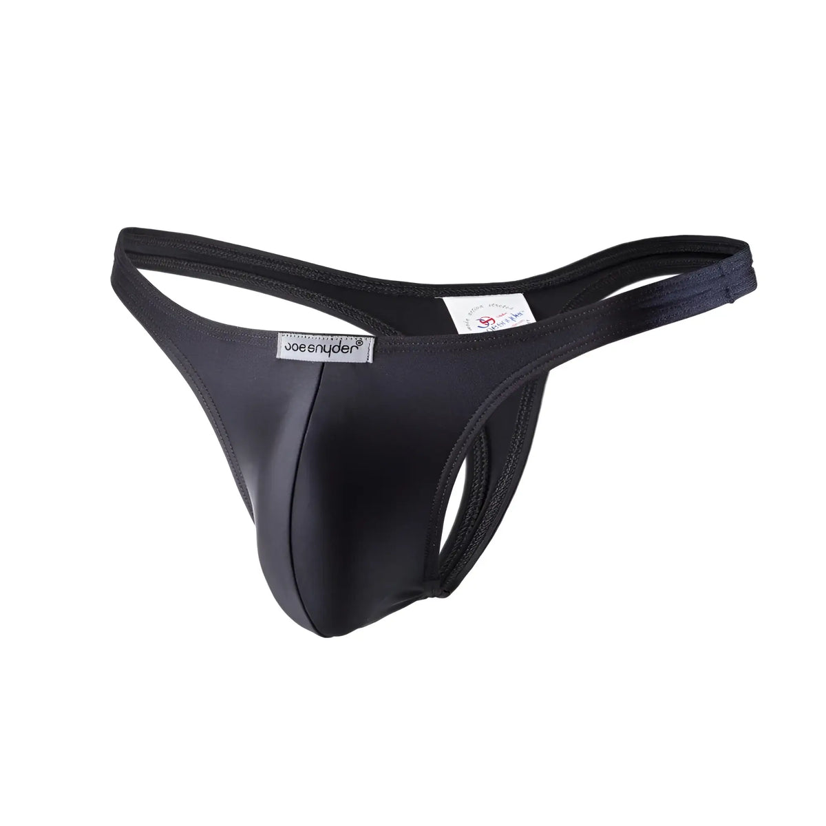 Black joe snyder polyester thong made of smooth stretchy fabric with a sleek form fitting design shown from the back