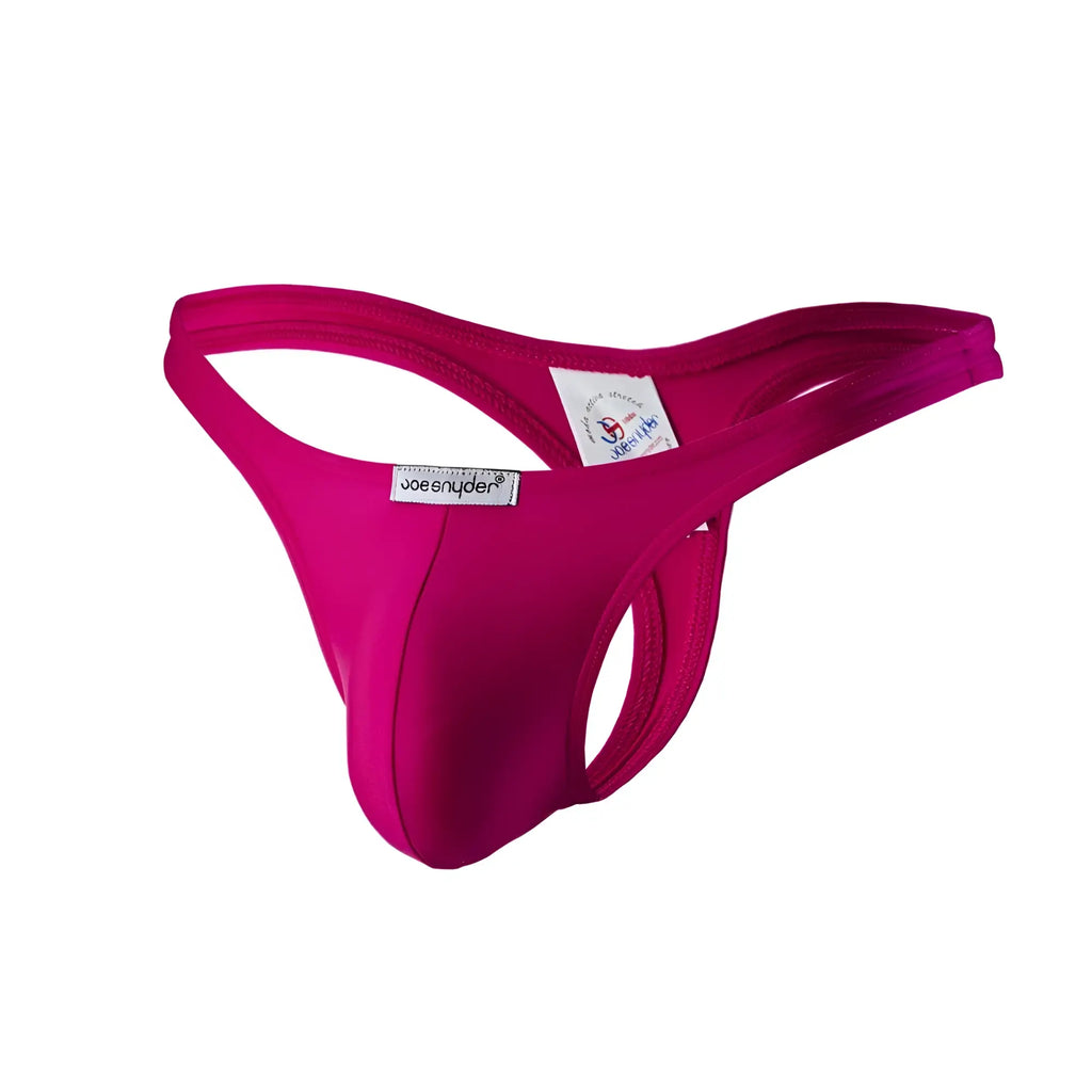 Bright fuchsia joe snyder polyester thong made of smooth stretchy fabric with sleek form-fitting design