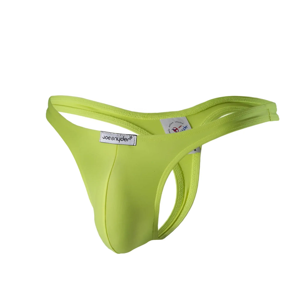 Bright lime green Joe Snyder polyester thong made of smooth stretchy fabric with sleek form-fitting design