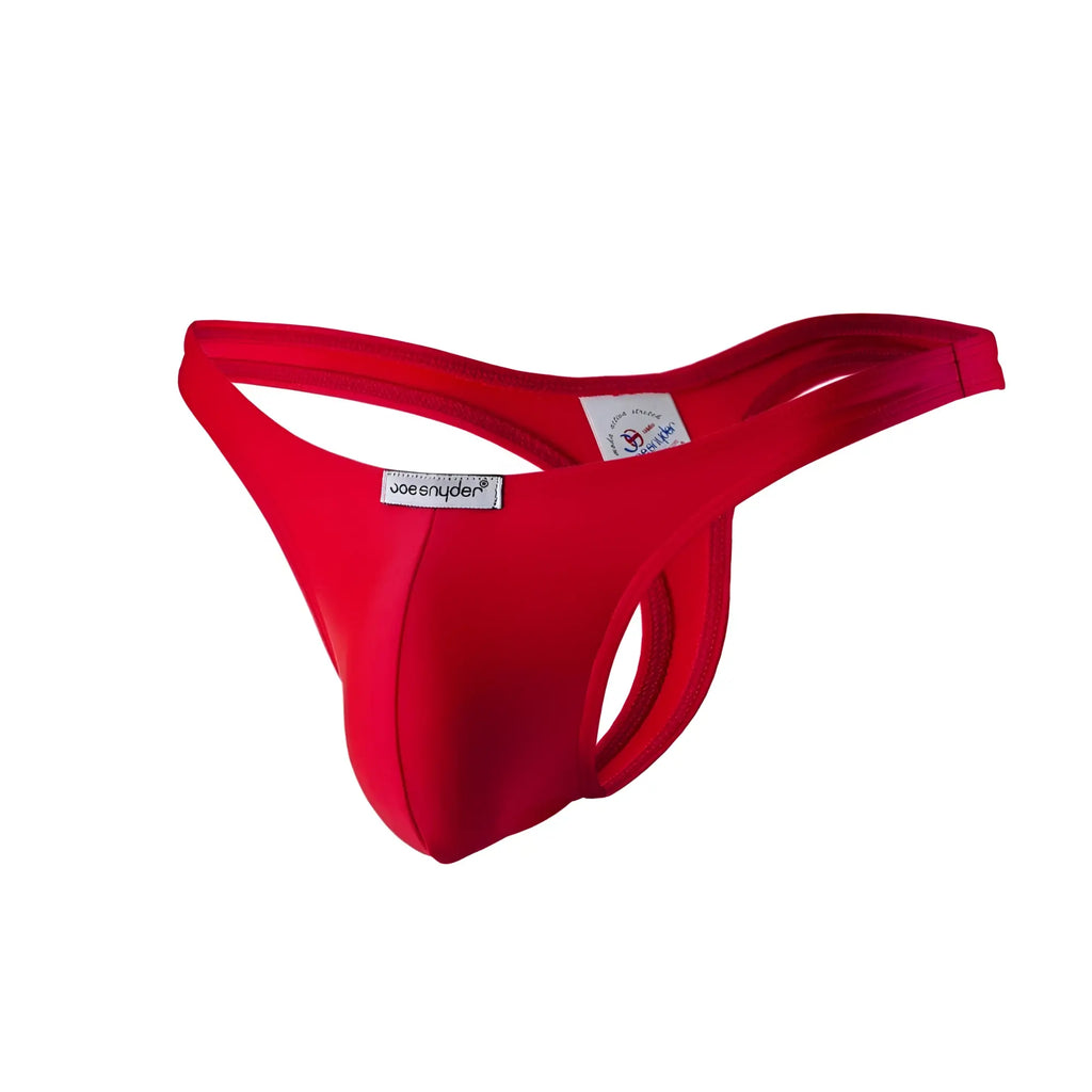 Bright red joe snyder polyester thong made of smooth elastic fabric with a branded label shown from the back