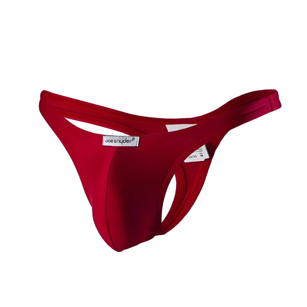 Red joe polyester thong with smooth form-fitting design and supportive waistband shown from the back side