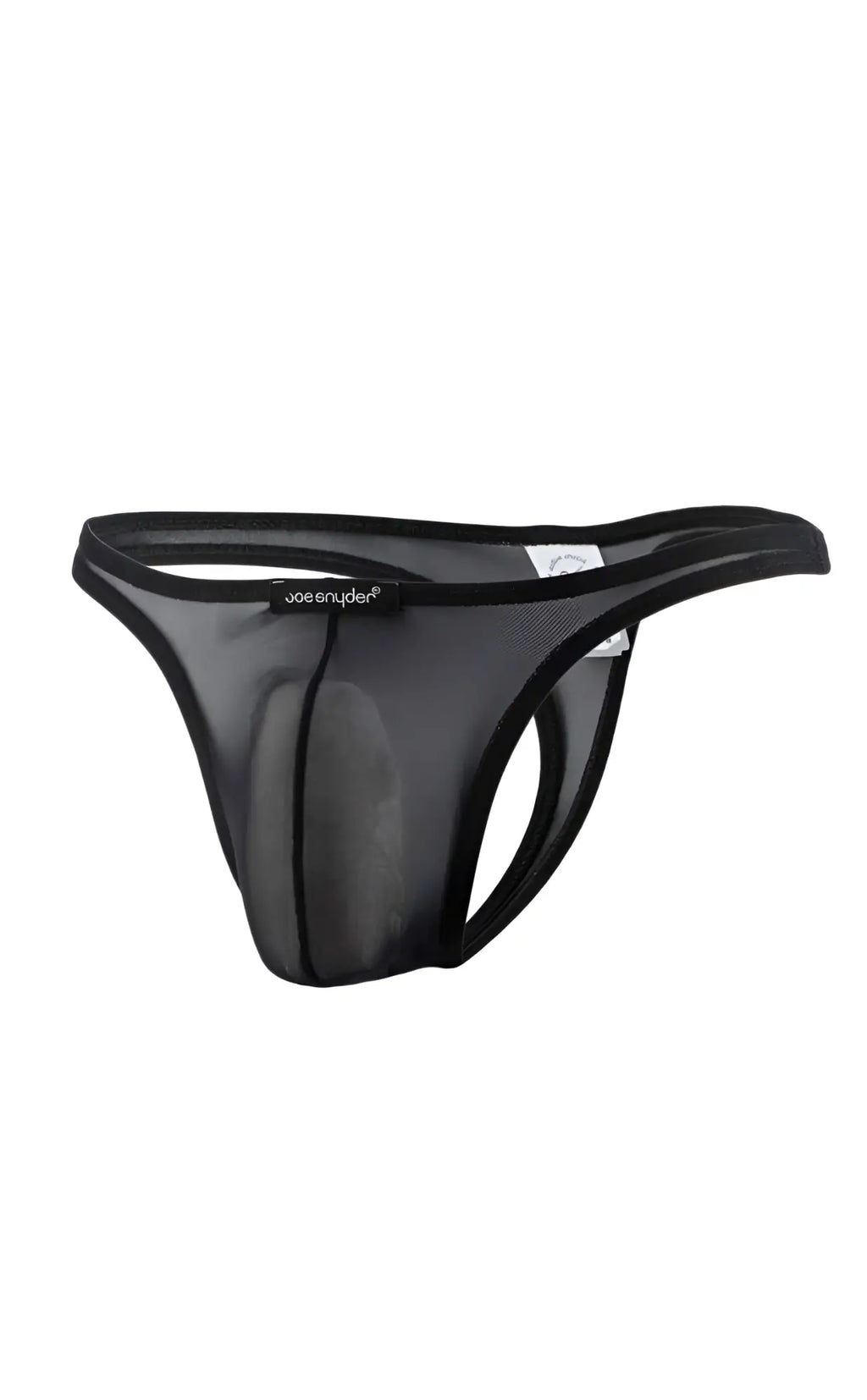 Black mesh thong with solid black waistband and brand name joesnyder printed on it from Joe Snyder thong collection