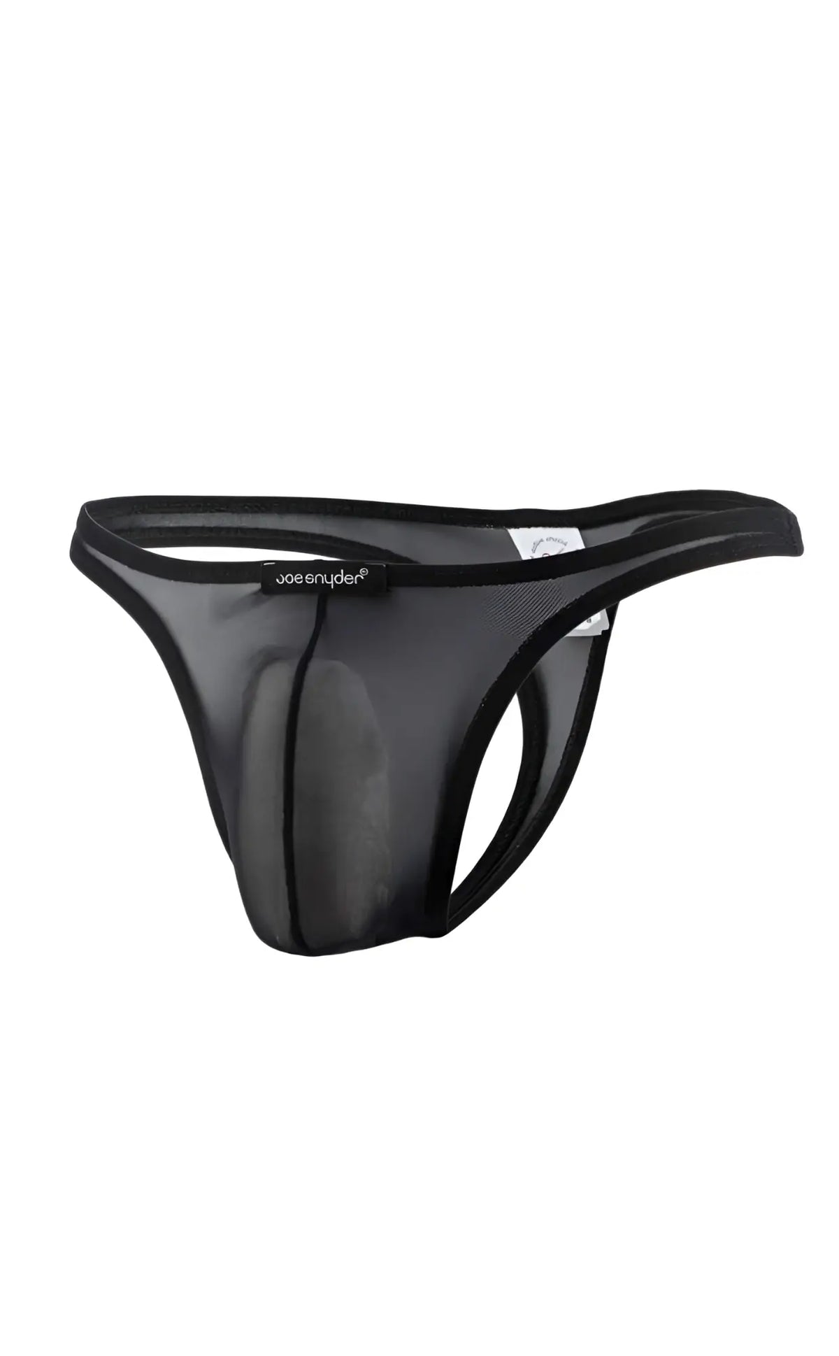 Black mesh thong with solid black waistband and joesnyder branding in the front for comfortable wear