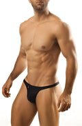 Black joe snyder thong showing back side with form-fitting design and subtle logo on left hipband
