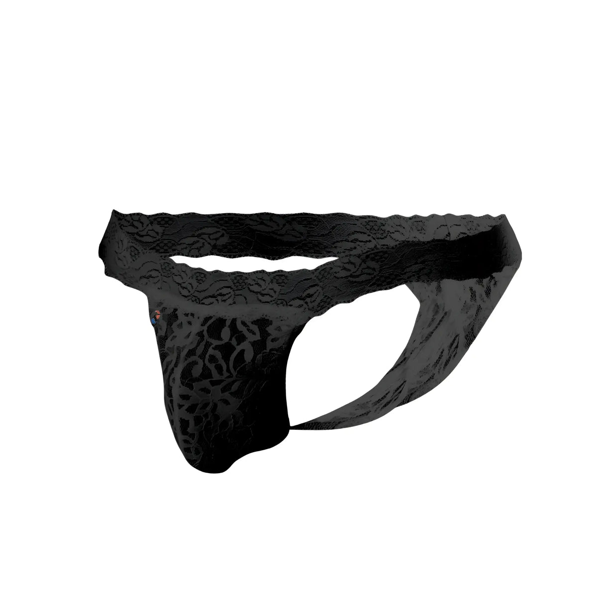 Black lace thong Joe Snyder JSL03 featuring intricate floral patterns and a scalloped waistband in black
