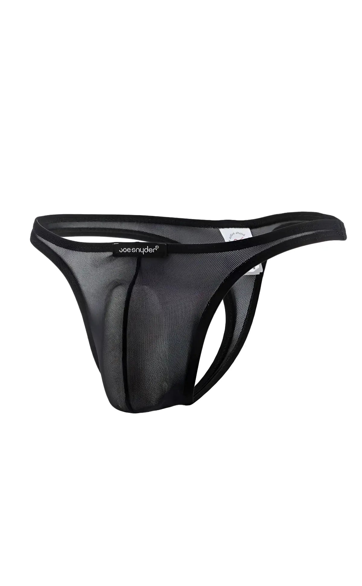 Black mesh thong with solid black elastic waistband and trim by joe snyder shown from the back