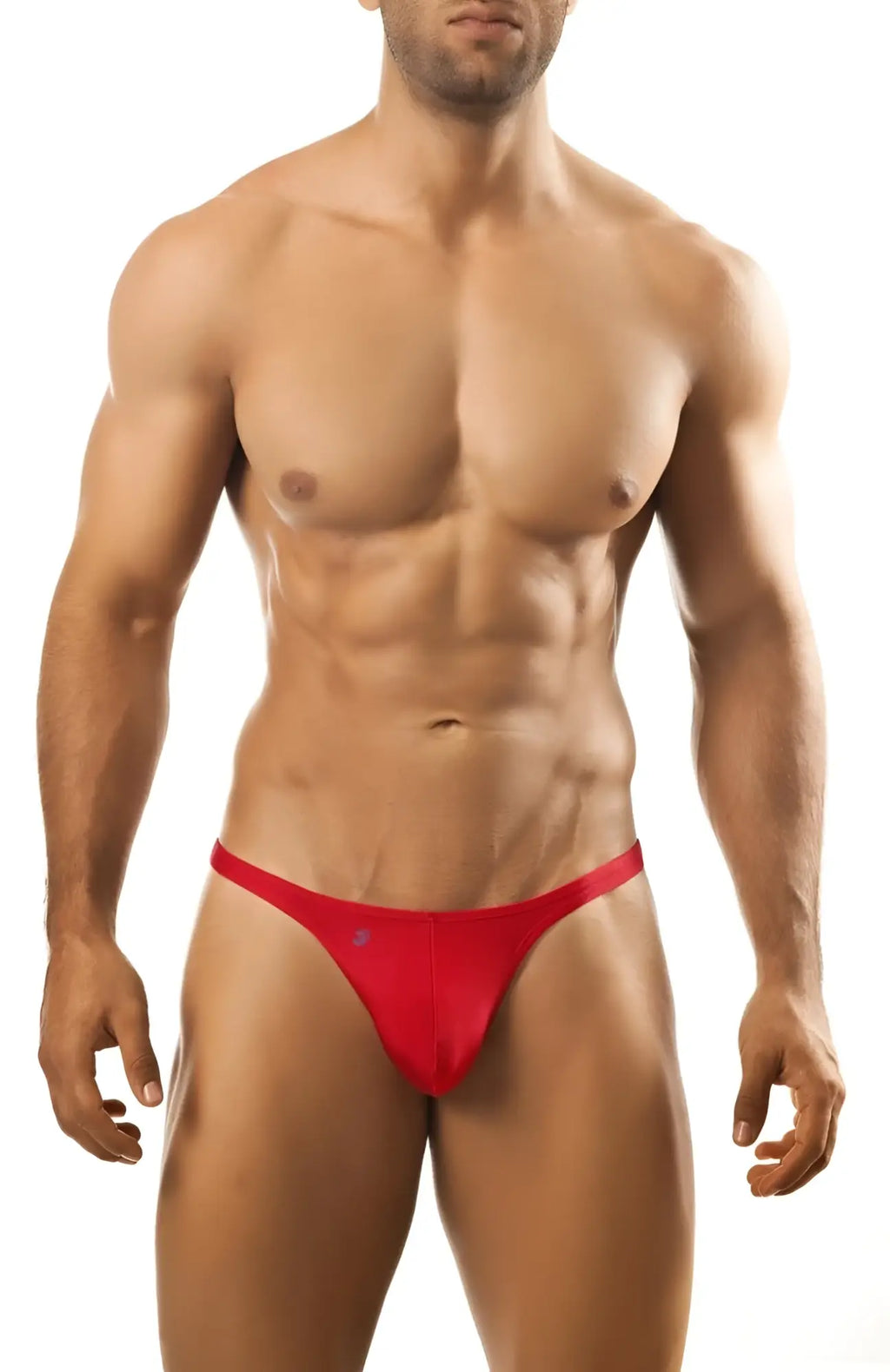 Red joe snyder thong with a small blue logo on the front made of soft fabric for comfortable wear