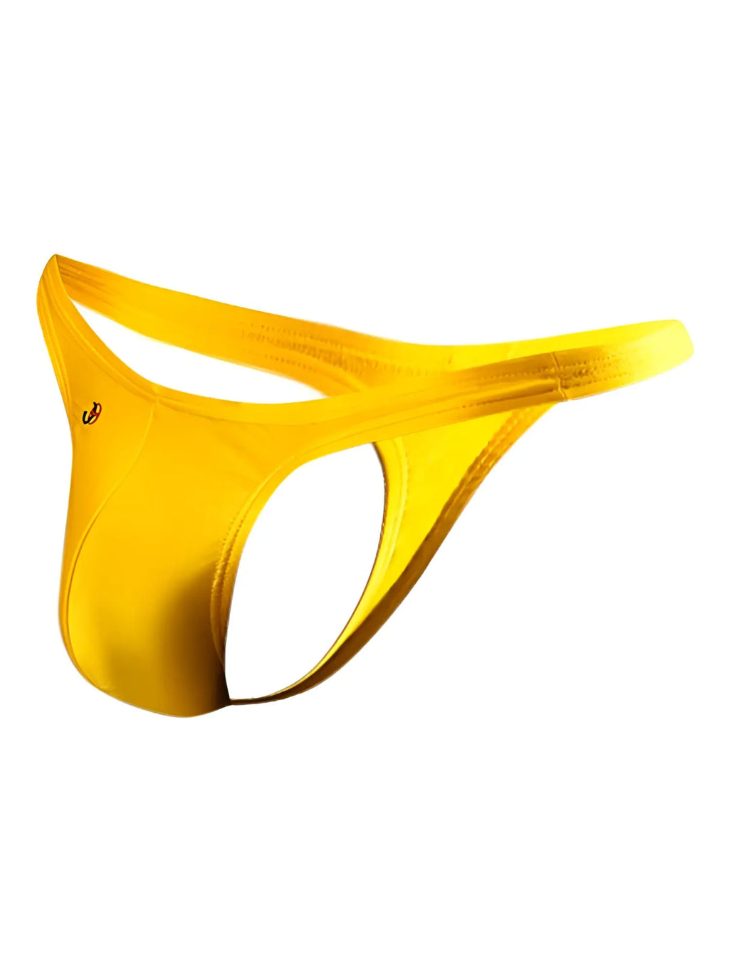 Vibrant yellow satin Joe Snyder thong with a sleek minimalist design and subtle brand logo on the side