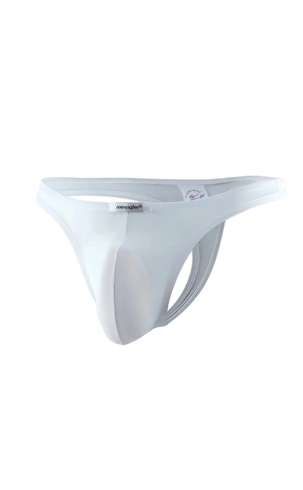 White seamless thong menâ€™s underwear with supportive design and Joe Snyder brand tag on the waistband