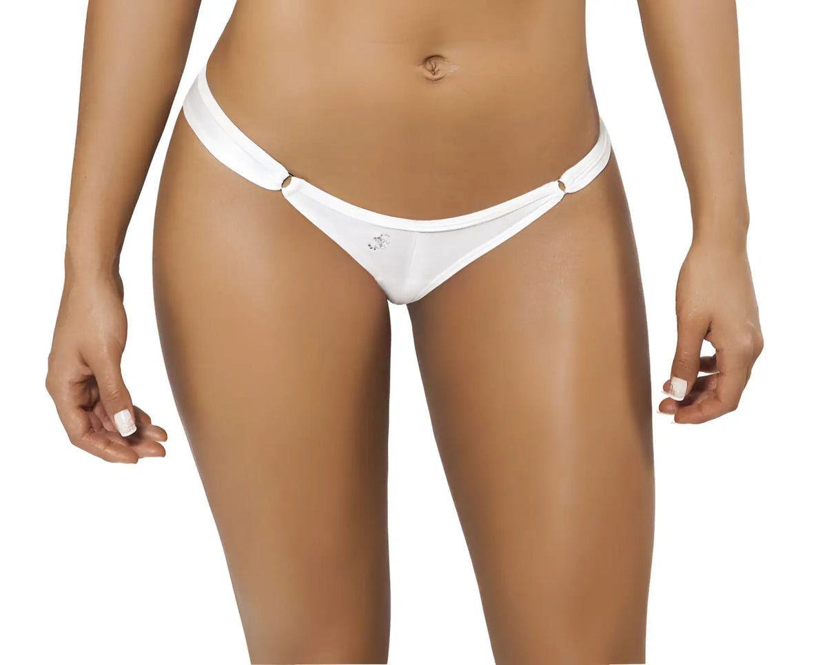 White thong bikini bottom with small decorative emblem on front from joe snyder women crete tanga collection