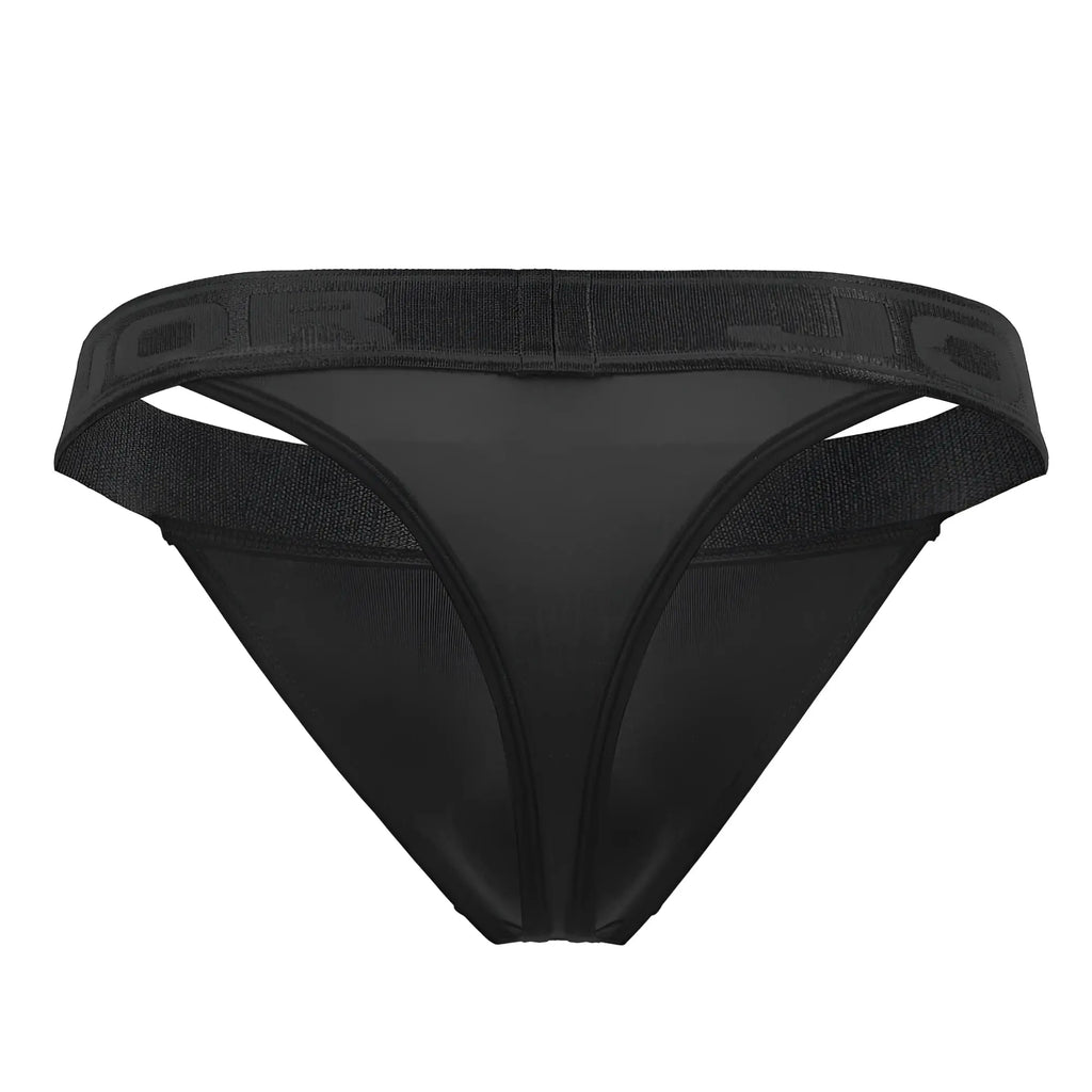 Black jor 2050 element thong with wide textured elastic waistband featuring embossed branding front view