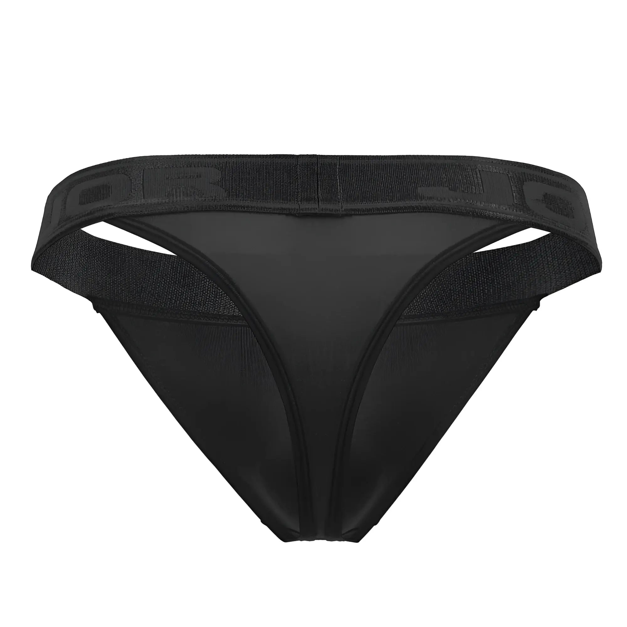 Black jor 2050 element thong with wide textured elastic waistband featuring embossed branding front view