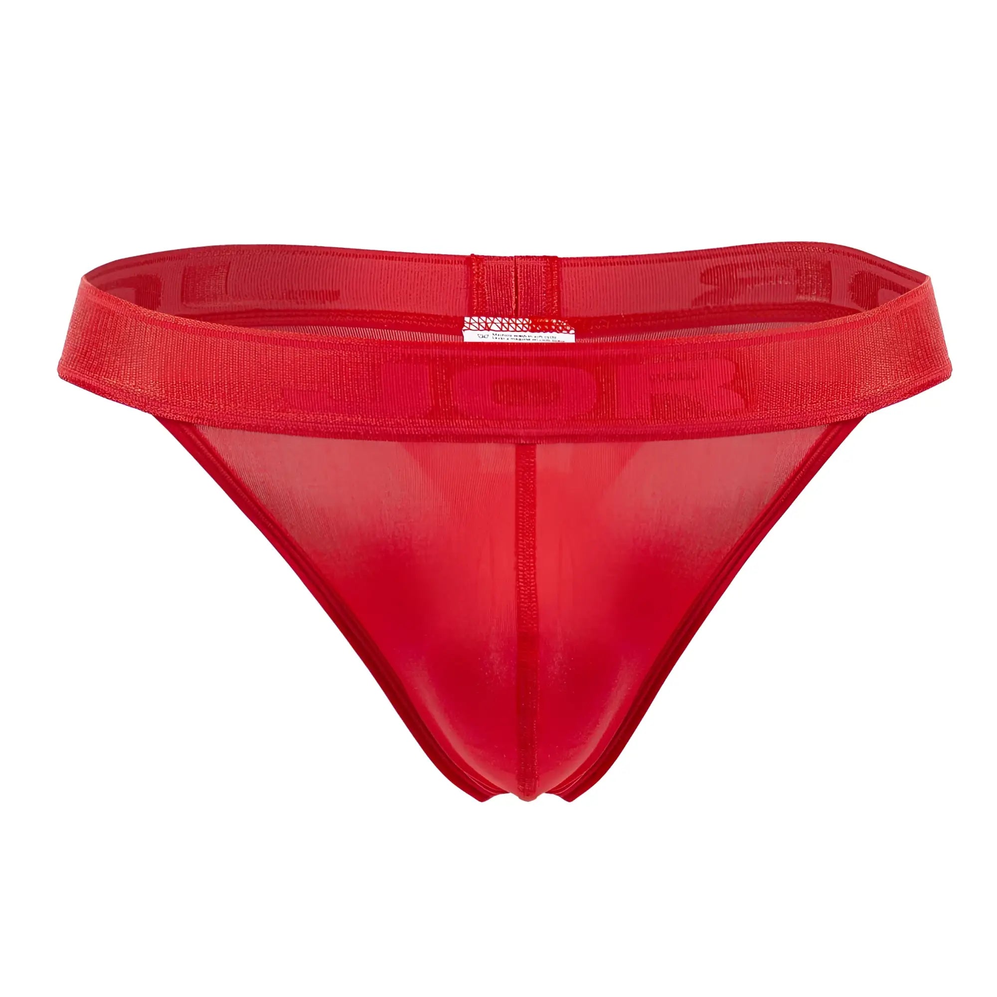 Red sheer mesh thong with solid red elastic waistband and embossed lettering from jor 2050 element thongs collection