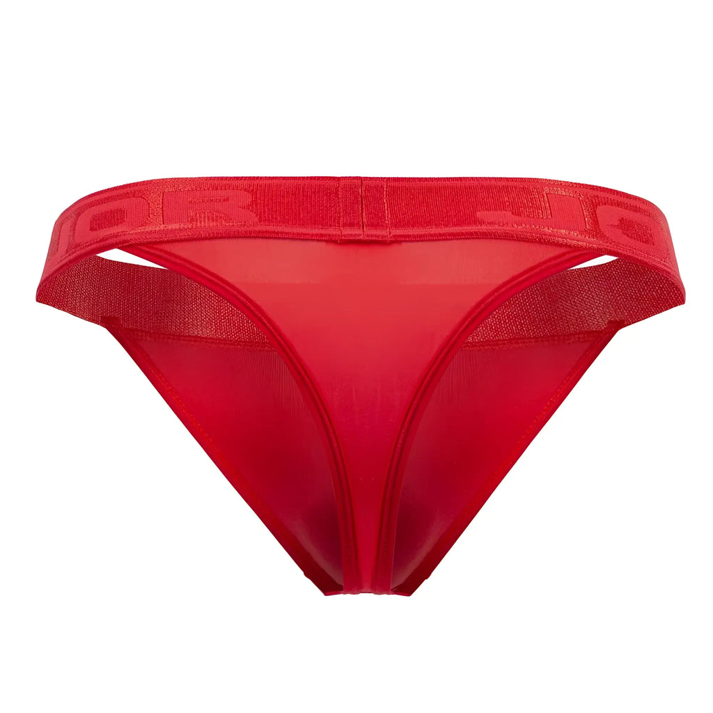 Red sheer mesh thong with wide elastic waistband and embossed branding from JOR 2050 Element thongs collection
