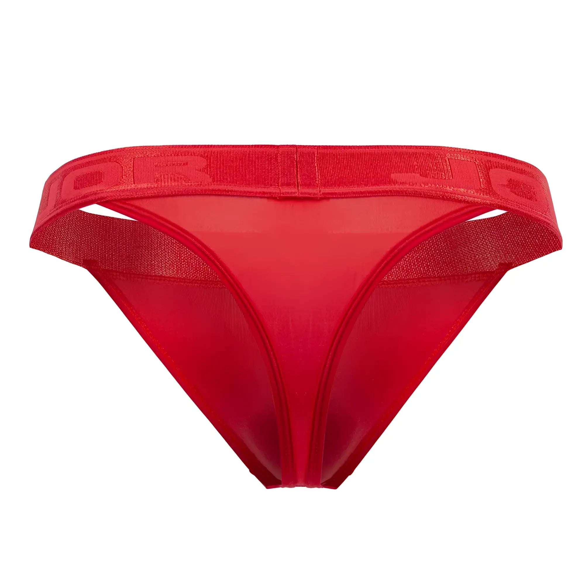 Red sheer mesh thong with wide elastic waistband and embossed branding from JOR 2050 Element thongs collection
