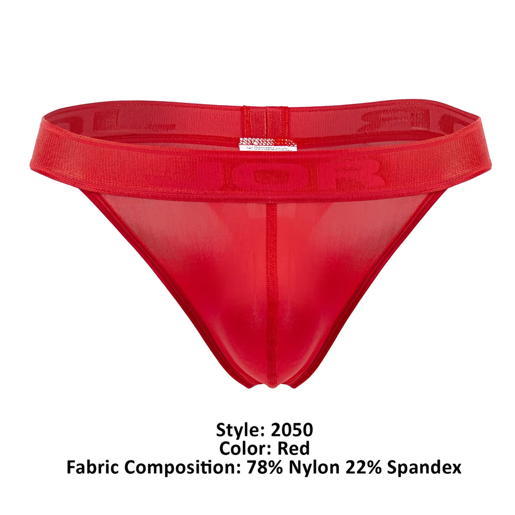 Red sheer nylon and spandex briefs with bold dior logo embroidered on waistband from jor 2050 element thongs color red collection
