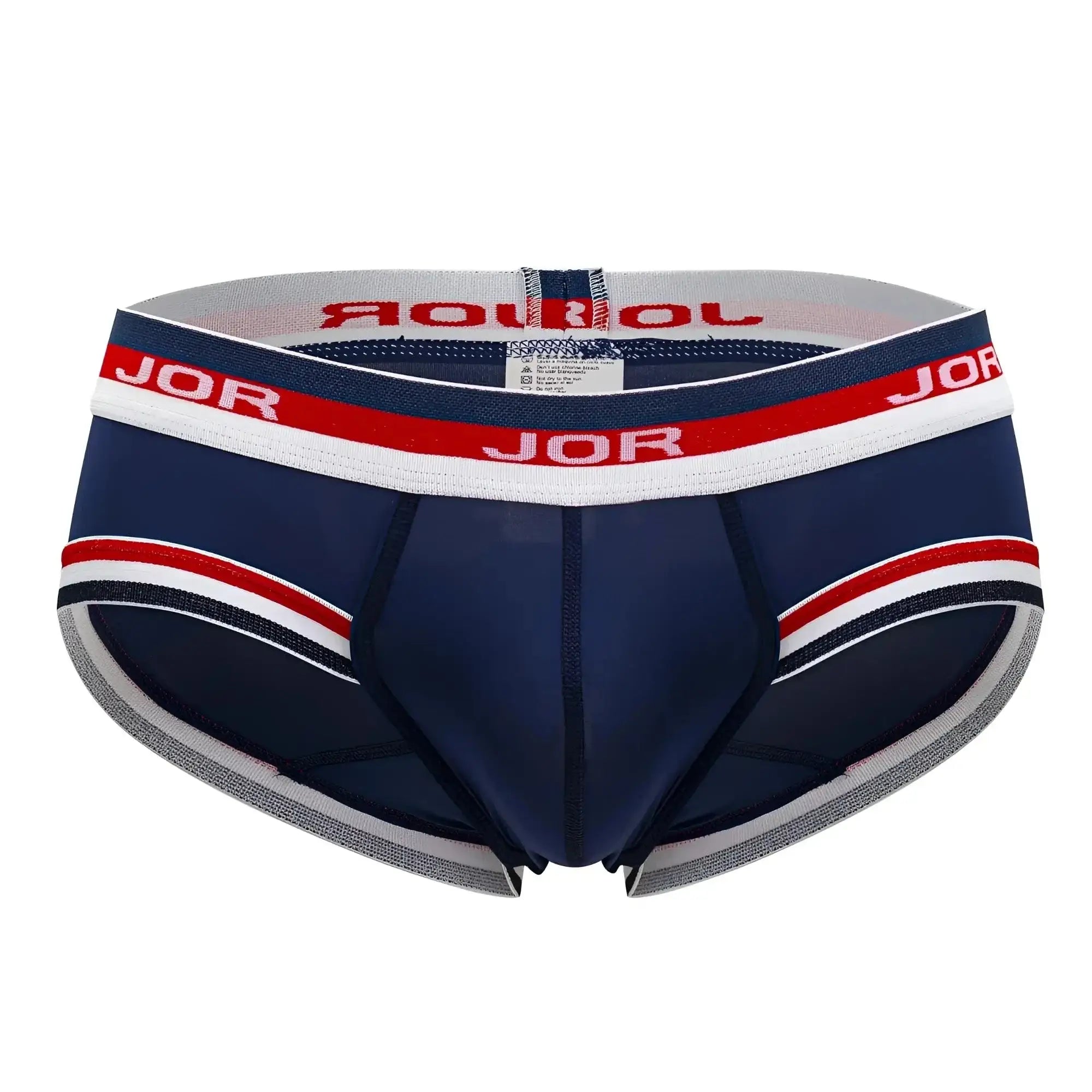 Navy blue jor 2062 sailor briefs with red and white striped trim and matching elastic waistband logo