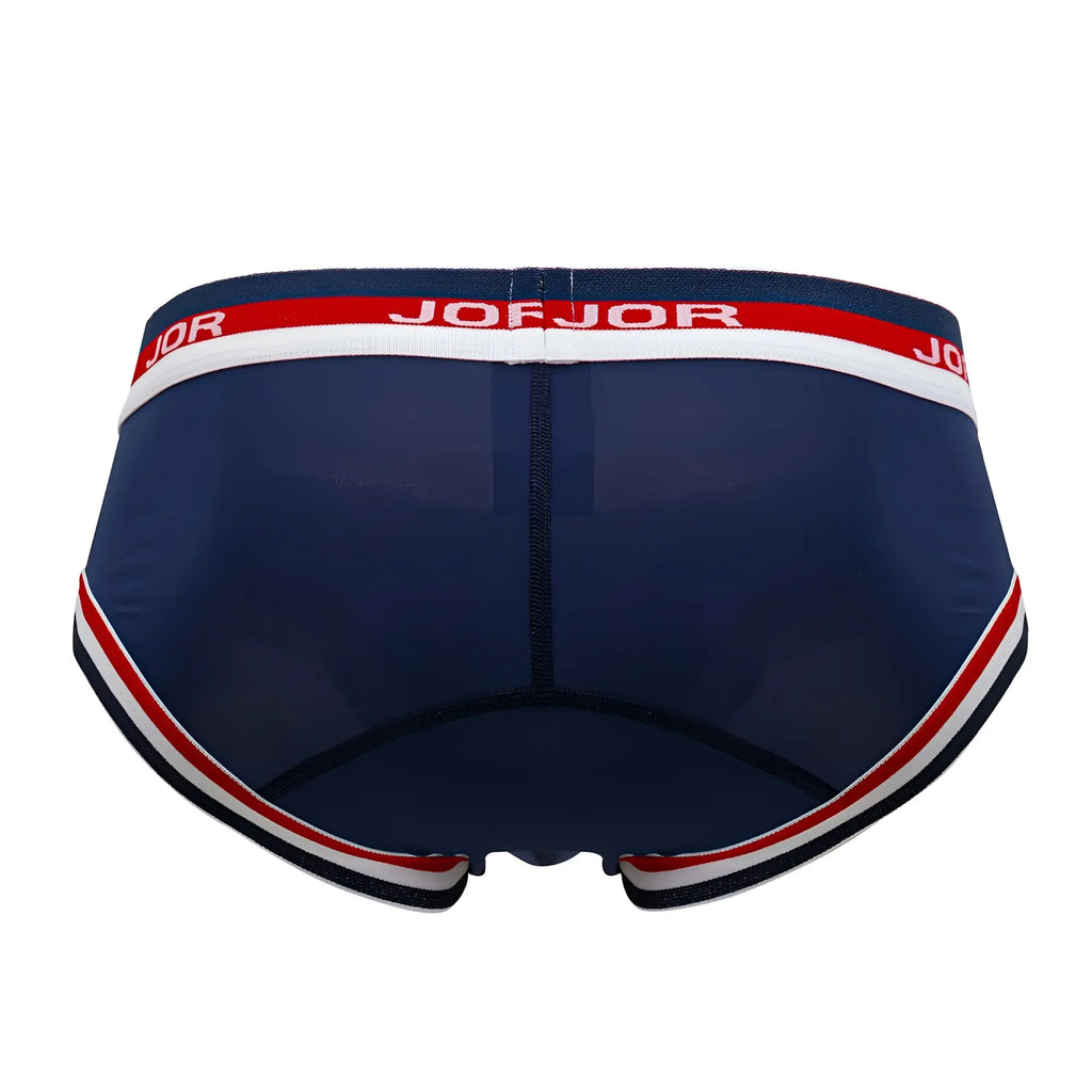 Navy blue jor 2062 sailor briefs with mesh fabric and red and white striped trim featuring joejor waistband branding