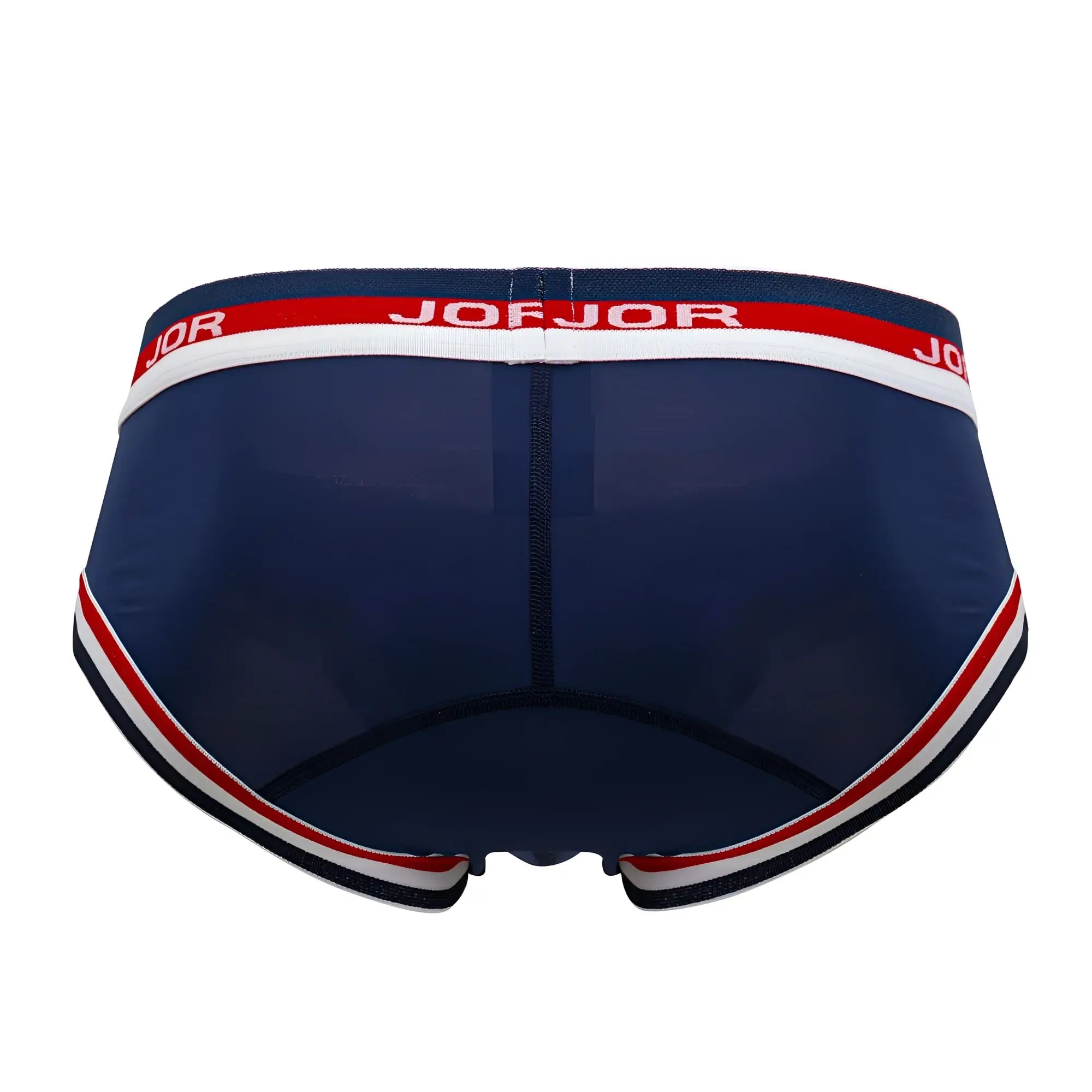 Navy blue jor 2062 sailor briefs with mesh fabric and red and white striped trim featuring joejor waistband branding