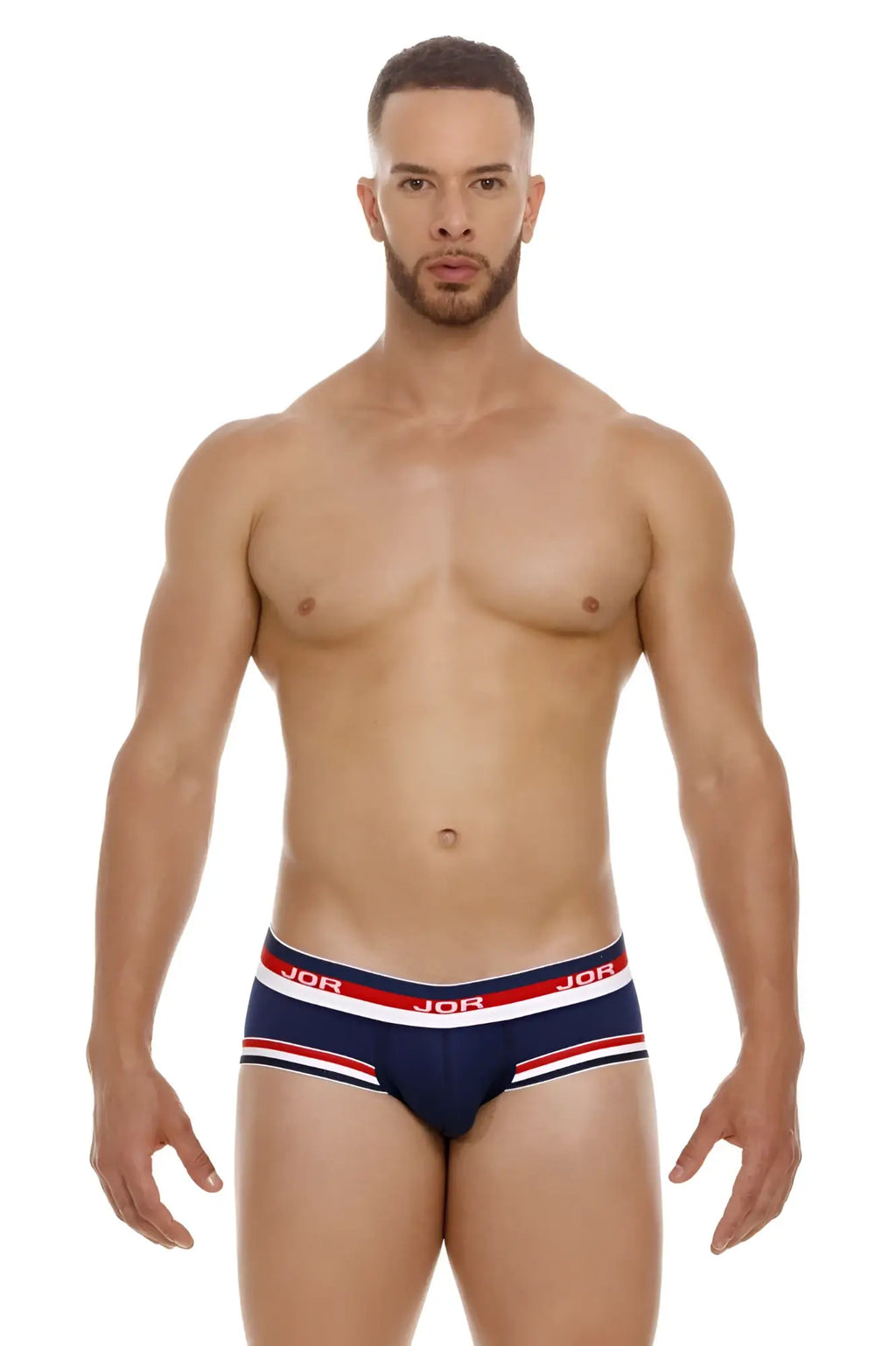 Navy blue JOR 2062 sailor briefs with red and white striped trim and jor branding on the waistband