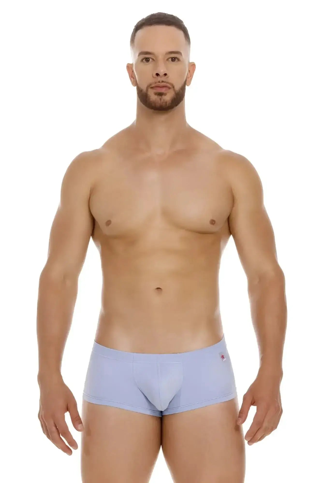 Light blue jor 2069 orion trunks form-fitting men’s briefs with subtle red logo on waistband