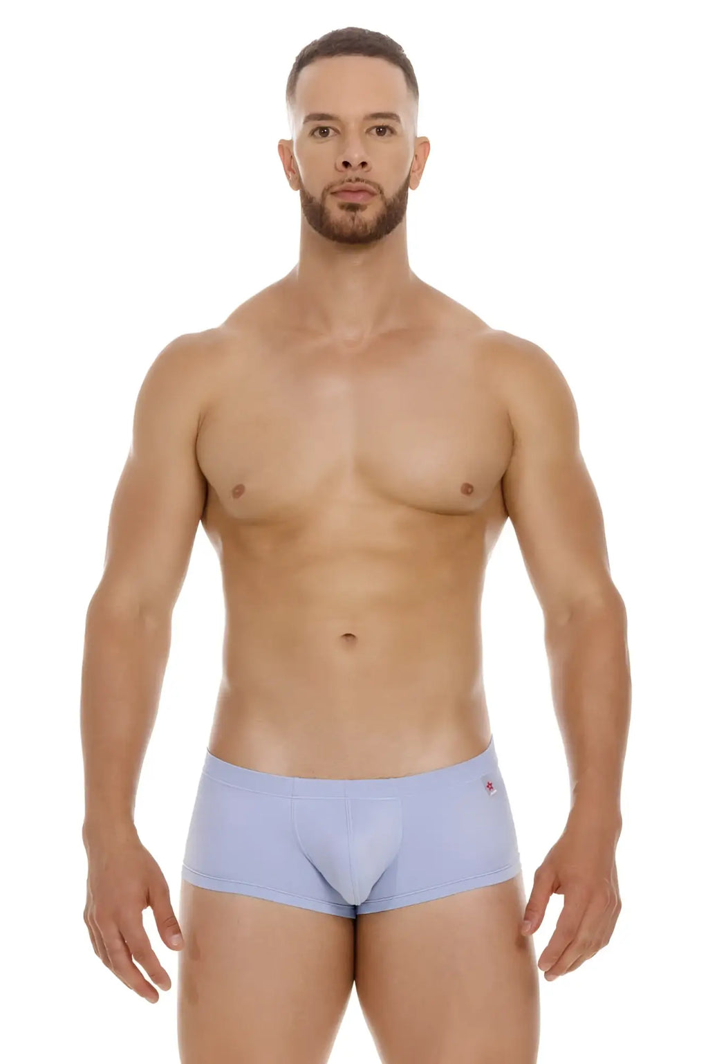 Light blue jor 2069 orion trunks form-fitting men’s briefs with subtle red logo on waistband