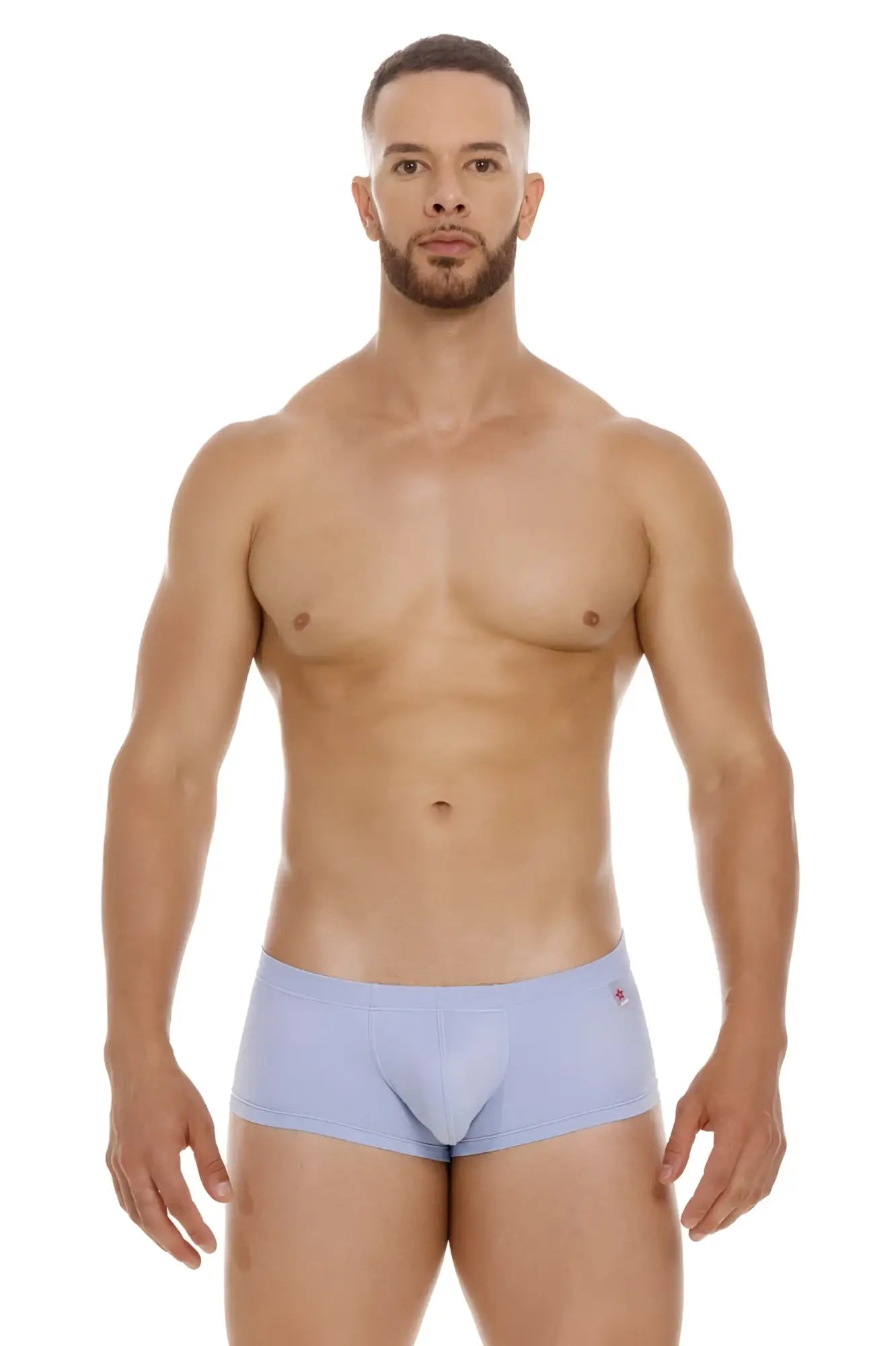 Light blue jor 2069 orion trunks form-fitting men’s briefs with subtle red logo on waistband