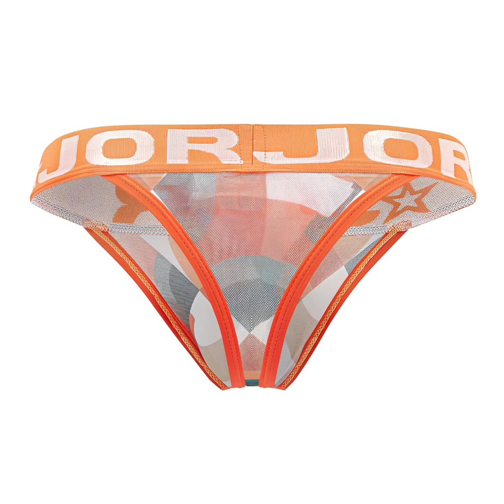 Orange mesh briefs with geometric pattern and jorjor branded waistband from jor 2095 boreal thongs color printed collection