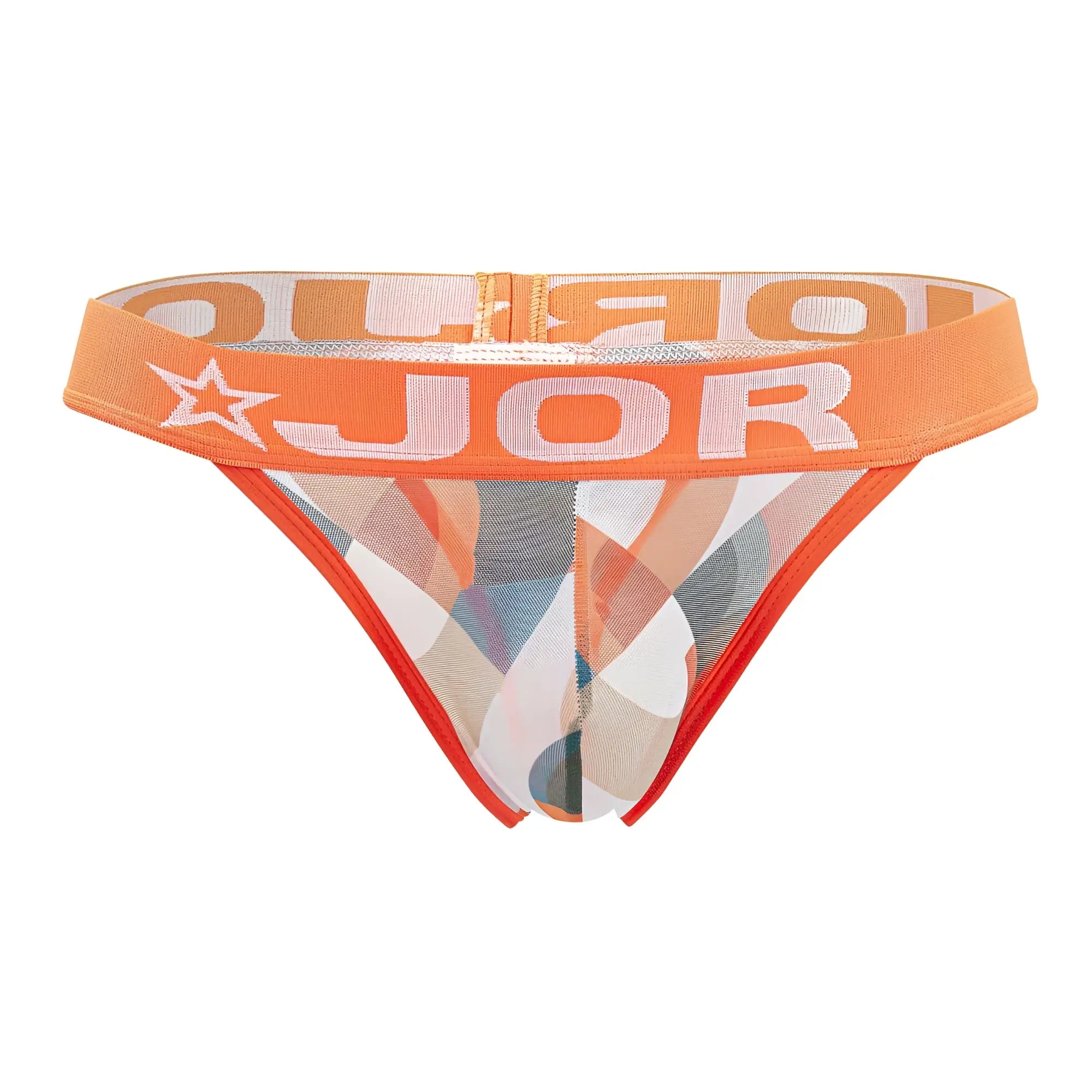 Orange and white patterned jor 2095 boreal thong with mesh fabric and star logo waistband shown from the back side