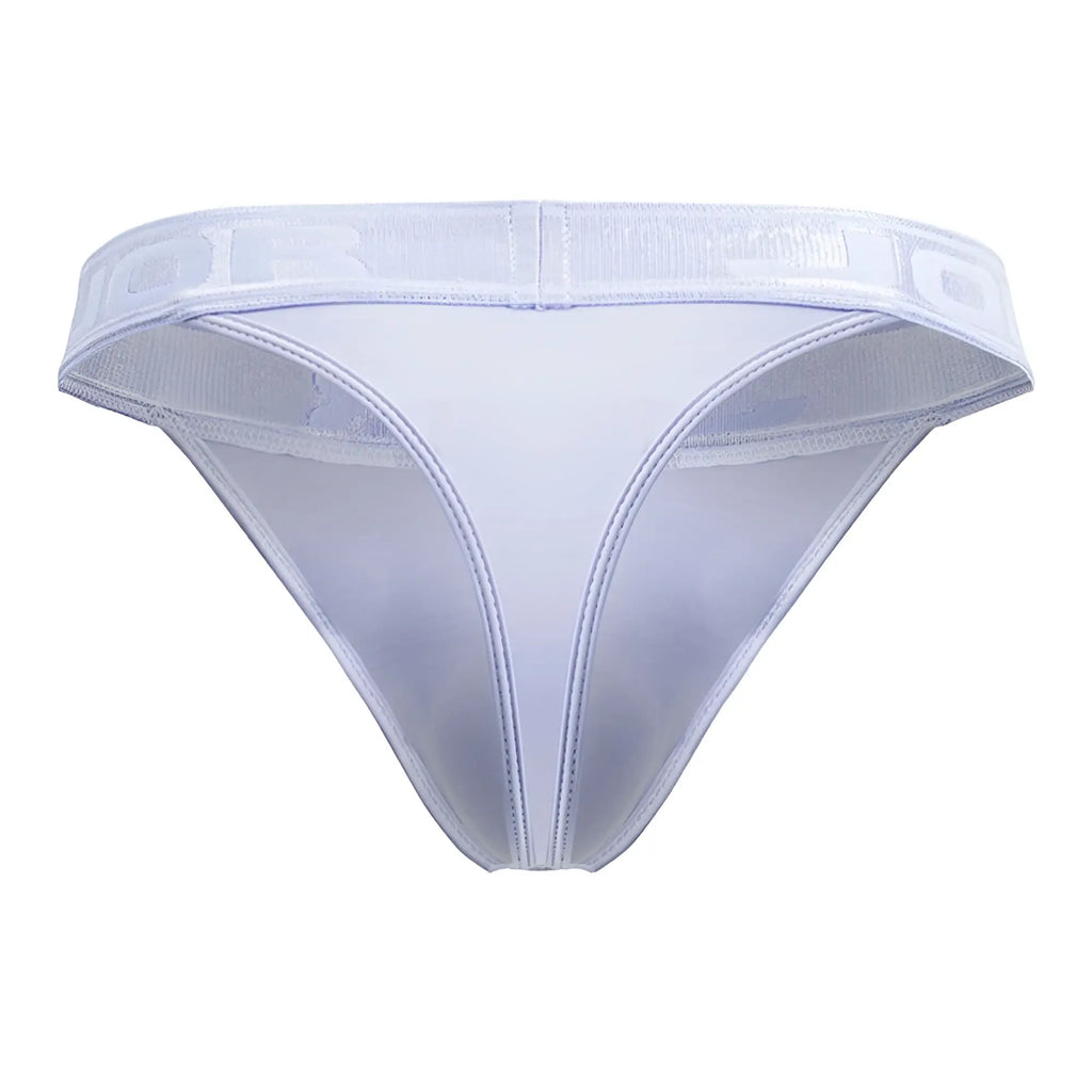 White sheer mesh thong jor 2144 element with wide translucent waistband and subtle embossed branding in light blue