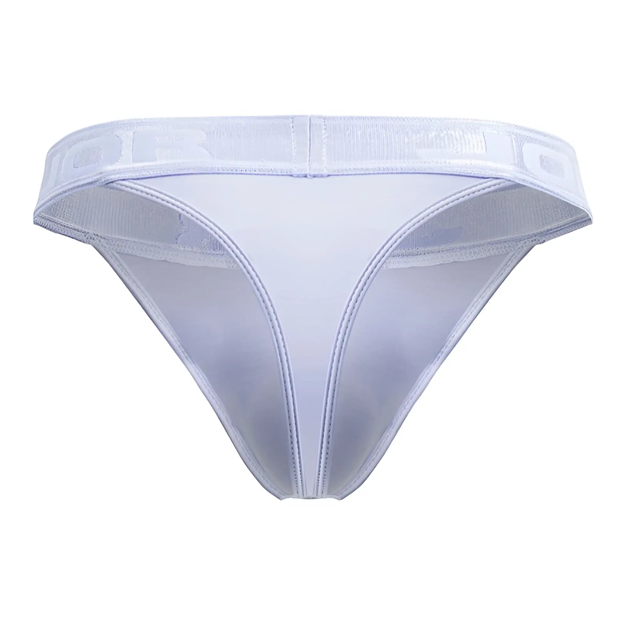 White sheer mesh thong jor 2144 element with wide translucent waistband and subtle embossed branding in light blue