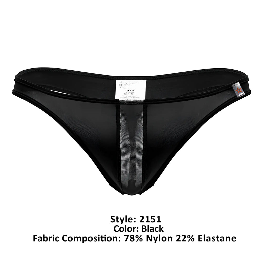 Black jor 2151 apolo thong with sheer mesh panel down the center and elastic waistband in black