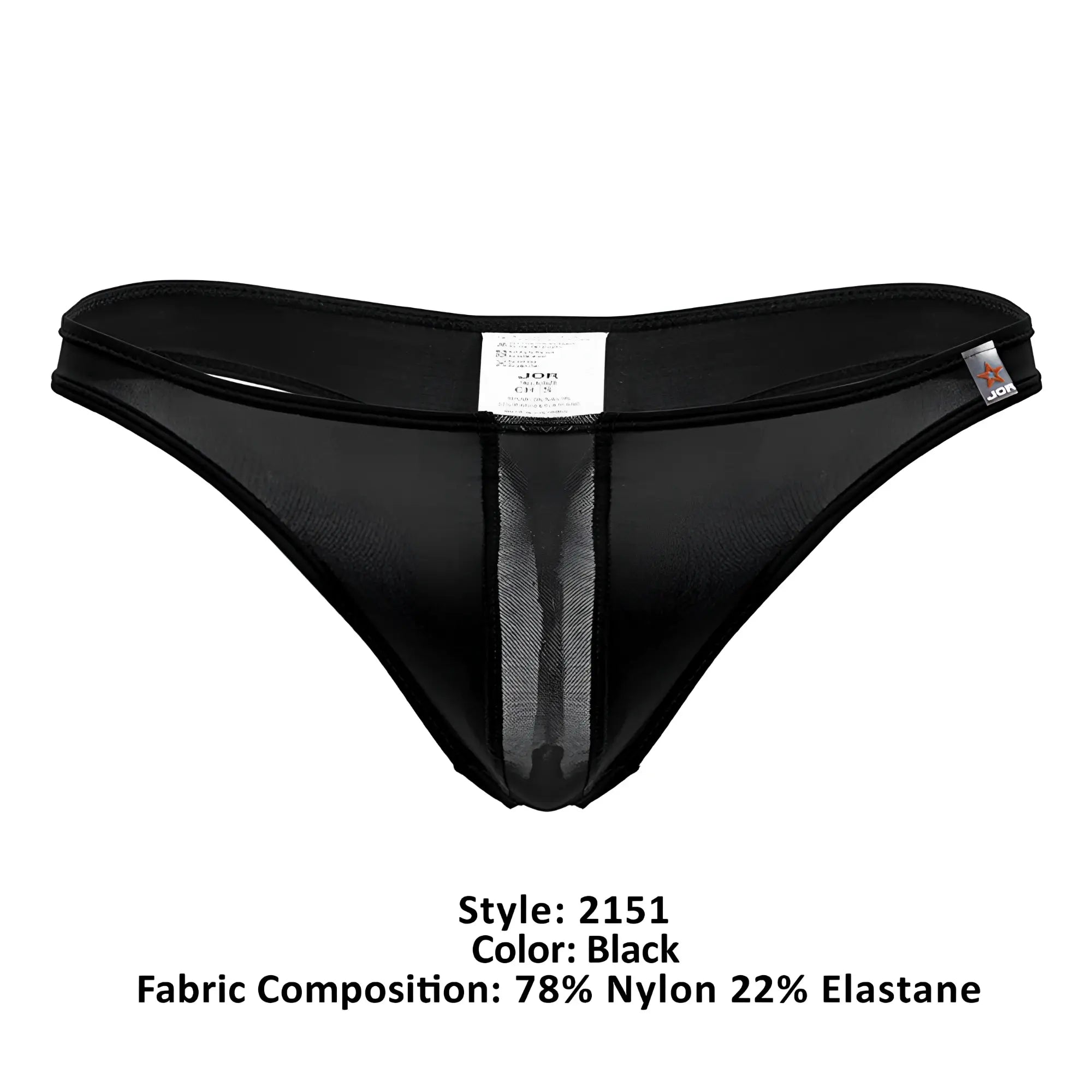 Black jor 2151 apolo thong with sheer mesh panel down the center and elastic waistband in black