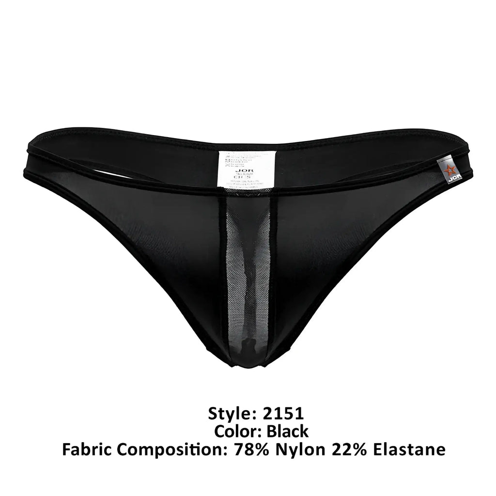 Black jor 2151 apolo thong with sheer mesh panel down the center and elastic waistband in black