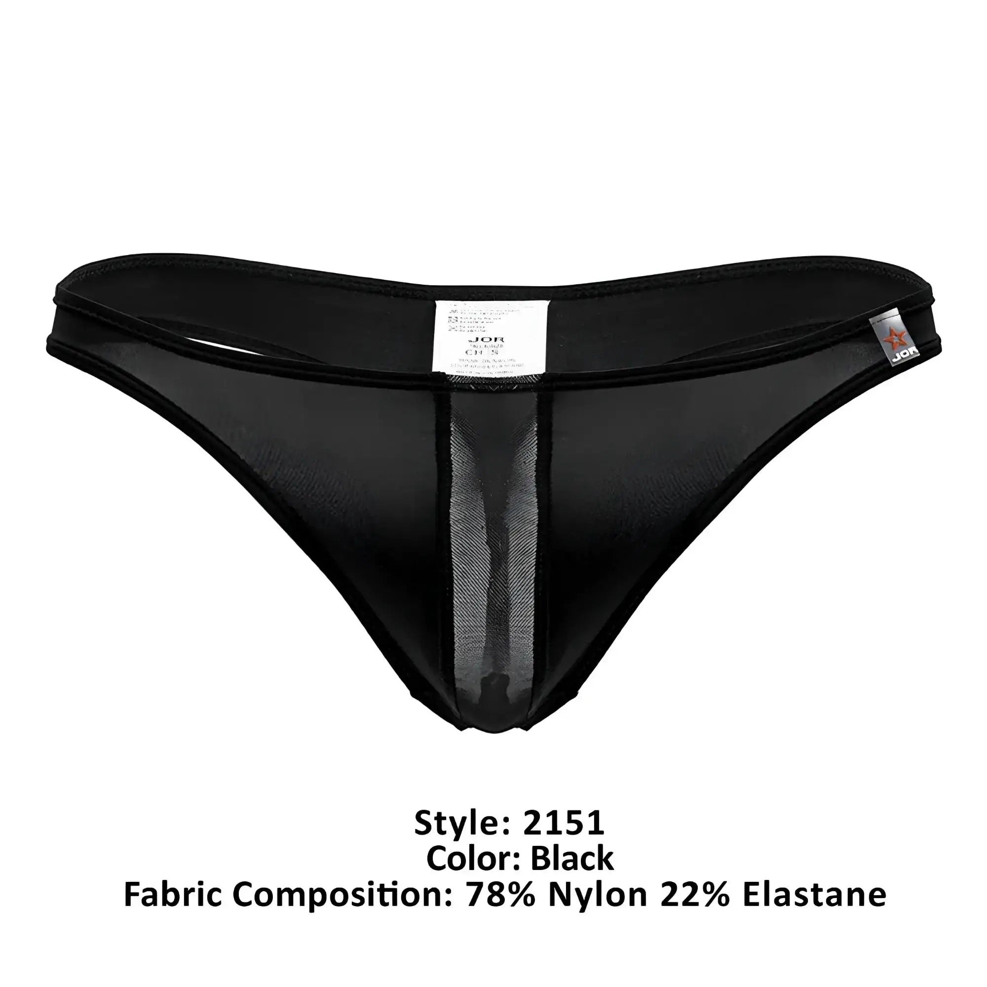 Black jor 2151 apolo thong with sheer mesh panel down the center and elastic waistband in black