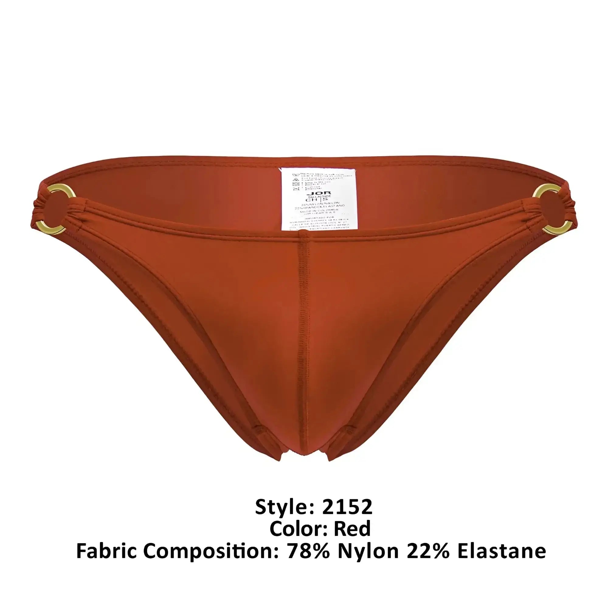Red jor 2152 magnus bikini bottom with gold-tone metal rings at the sides in vibrant red color