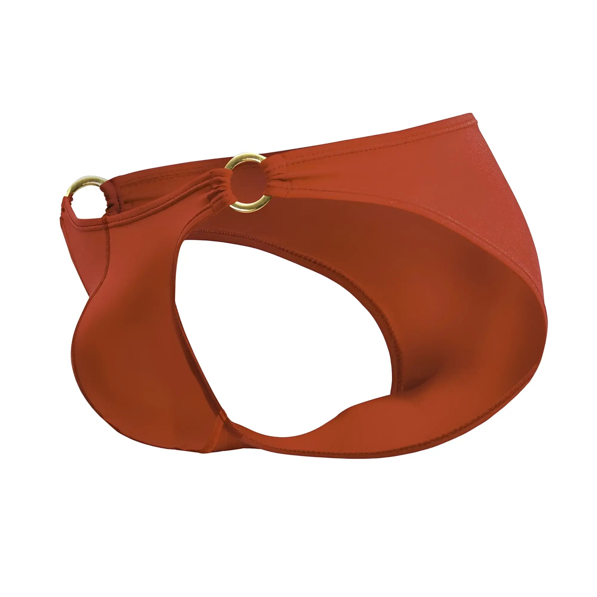 A sleek rust-orange jor 2152 magnus bikini brief with smooth fabric and gold-toned metal rings at the sides