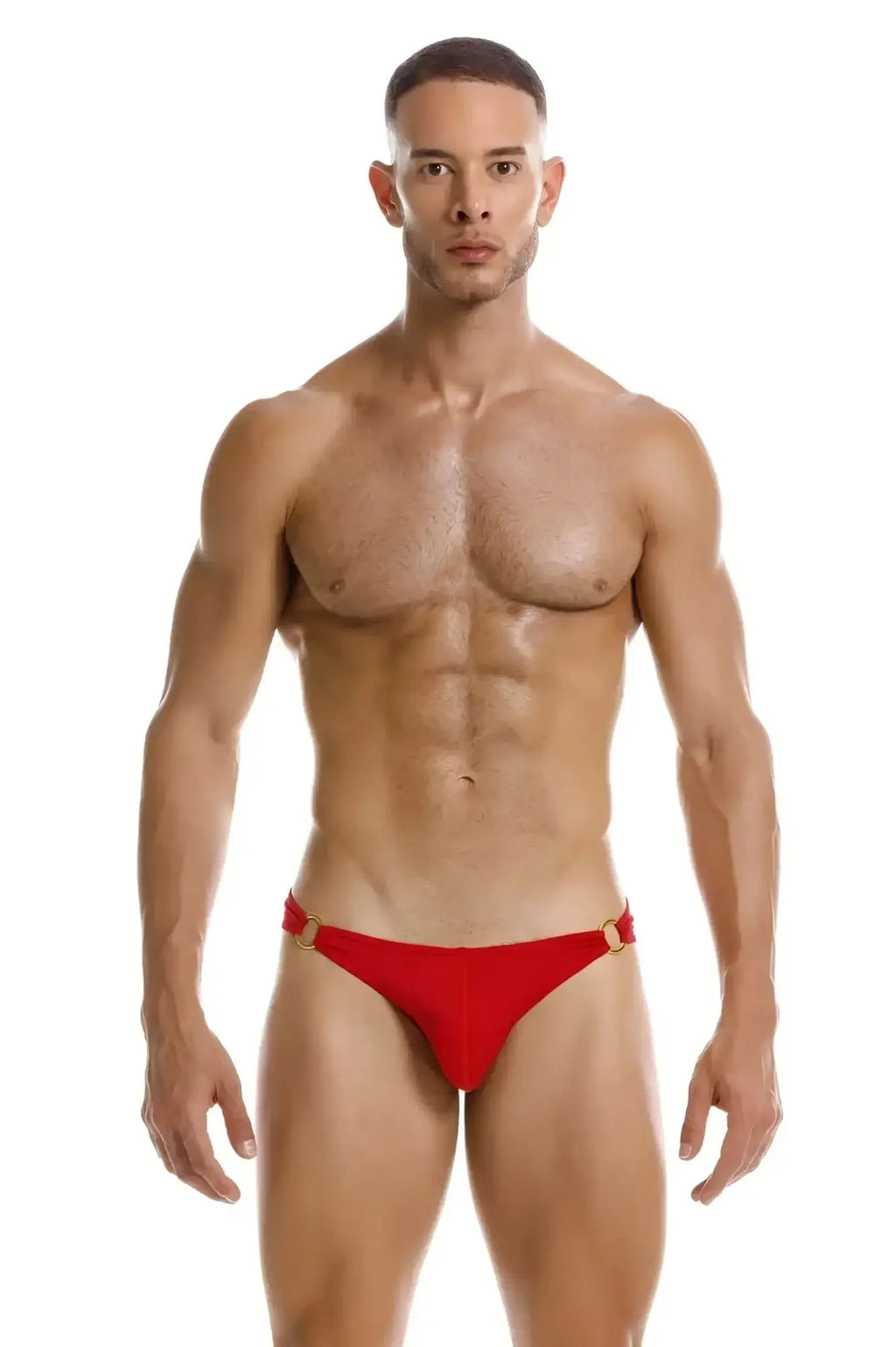Red thong bikini bottom with gold-tone metal accents from jor 2152 magnus bikini in red color