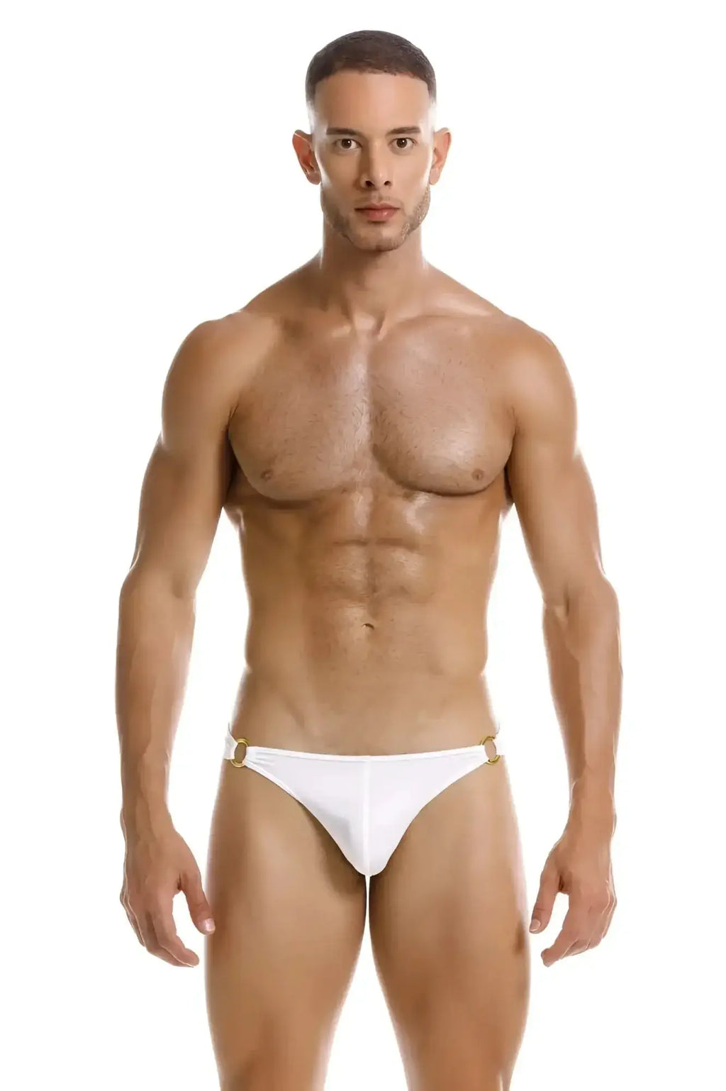 White thong swimsuit with gold-tone metal accents at the sides from jor 2152 magnus bikini in white
