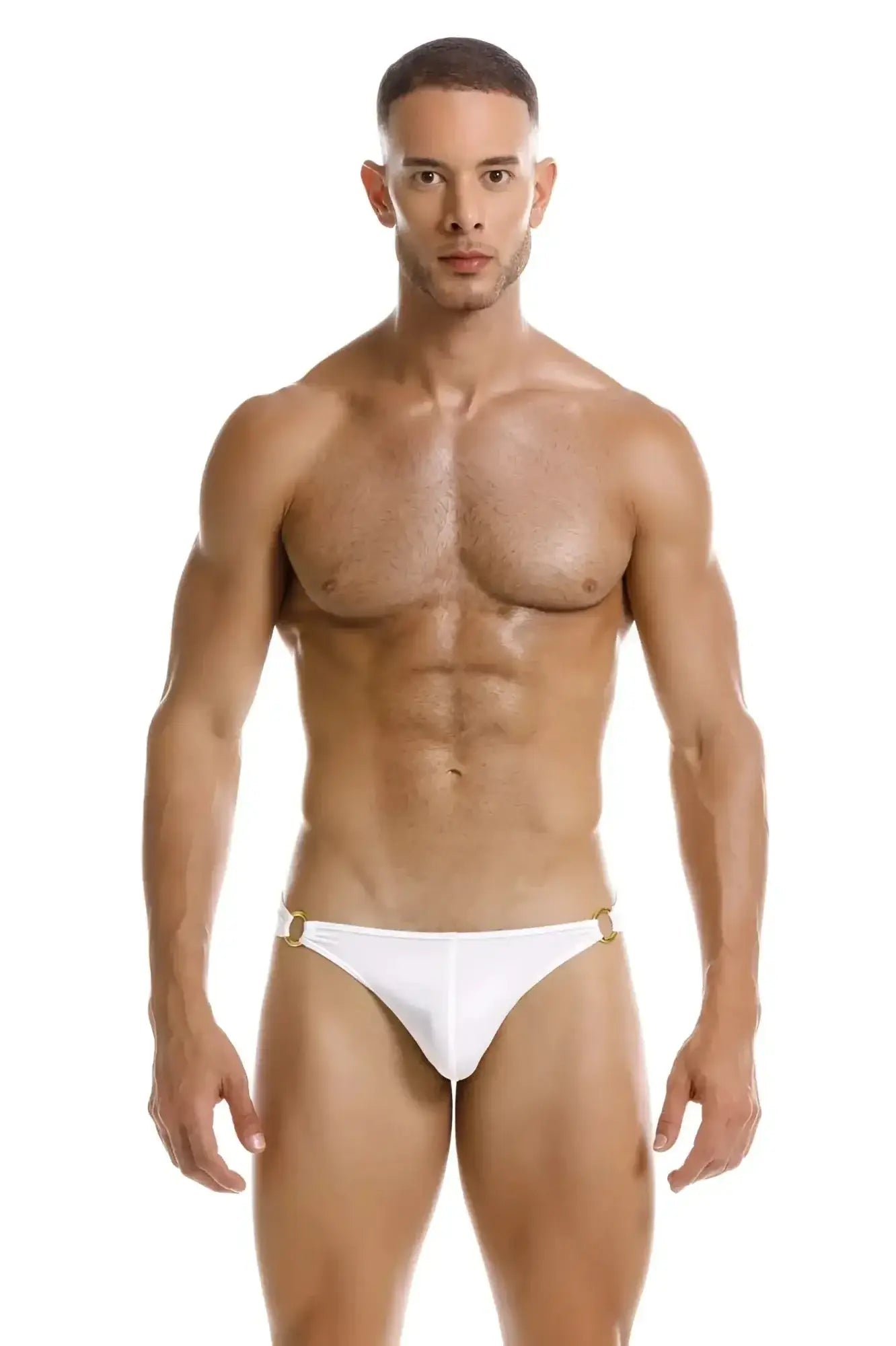 White thong swimsuit with gold-tone metal accents at the sides from jor 2152 magnus bikini in white